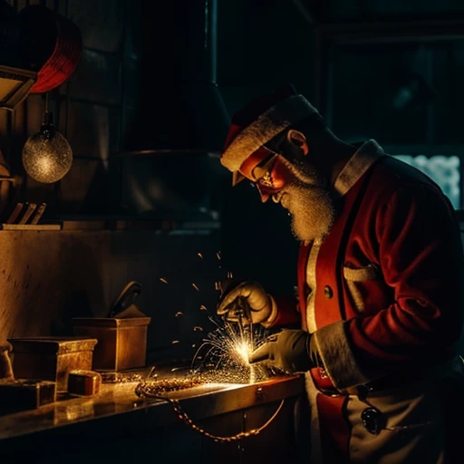 Papai Noel na serralheria: Imagine Santa Claus in his iconic red costume and white hat, holding a welding mask and welding machine in a busy locksmith shop. Enquanto ele trabalha, fagulhas brilhantes voam ao seu redor, Creating a light show. He's focused on his work, but still brings with it the joy and spirit of Christmas, maybe even humming a Christmas hymn while you work. It&#39;s a unique and surreal vision that combines festive spirit with an industrial ambiance.