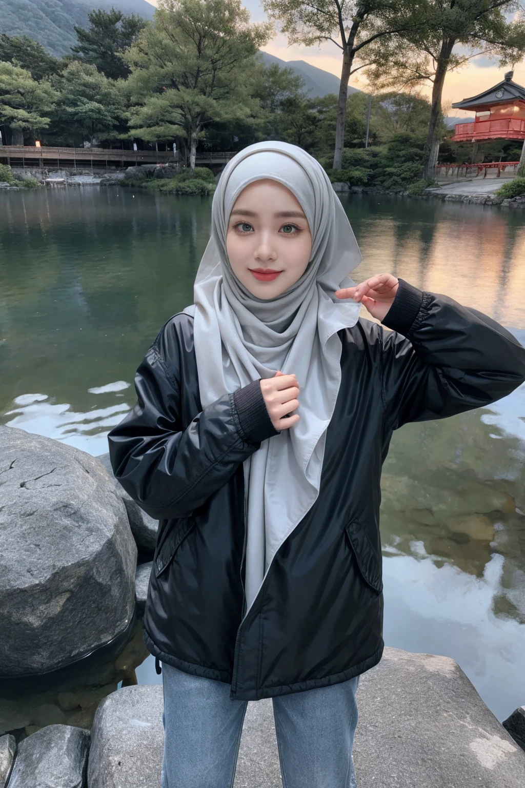 (Hijab:1.7), cute stance, cute smiling, very cute, 18 years old, ((Midnight, Best Quality, 8K, Masterpiece :1.3)), Full Body, (realistic photos of Hijab Korean female, slightly smile,expressive eyes,eye makeup, ((Lake Kawaguchiko, Japan background)) ,standing posture,confident attitude,Eye-Level Shot, slightly blurry background,UHD,masterpiece:1.2,highres,16k), long Jeans, black, (Parka-jacket:1.2), snow foggy weather,
