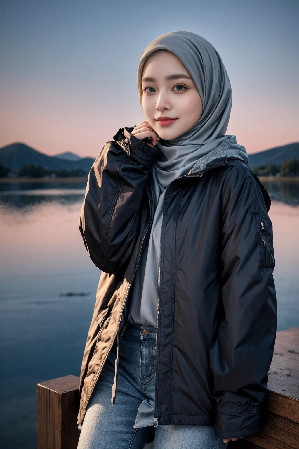 (Hijab:1.7), cute stance, cute smiling, very cute, 18 years old, ((Midnight, Best Quality, 8K, Masterpiece :1.3)), Full Body, (realistic photos of Hijab Korean female, slightly smile,expressive eyes,eye makeup, ((Lake Kawaguchiko, Japan background)) ,standing posture,confident attitude,Eye-Level Shot, slightly blurry background,UHD,masterpiece:1.2,highres,16k), long Jeans, black, (Parka-jacket:1.2), snow foggy weather,