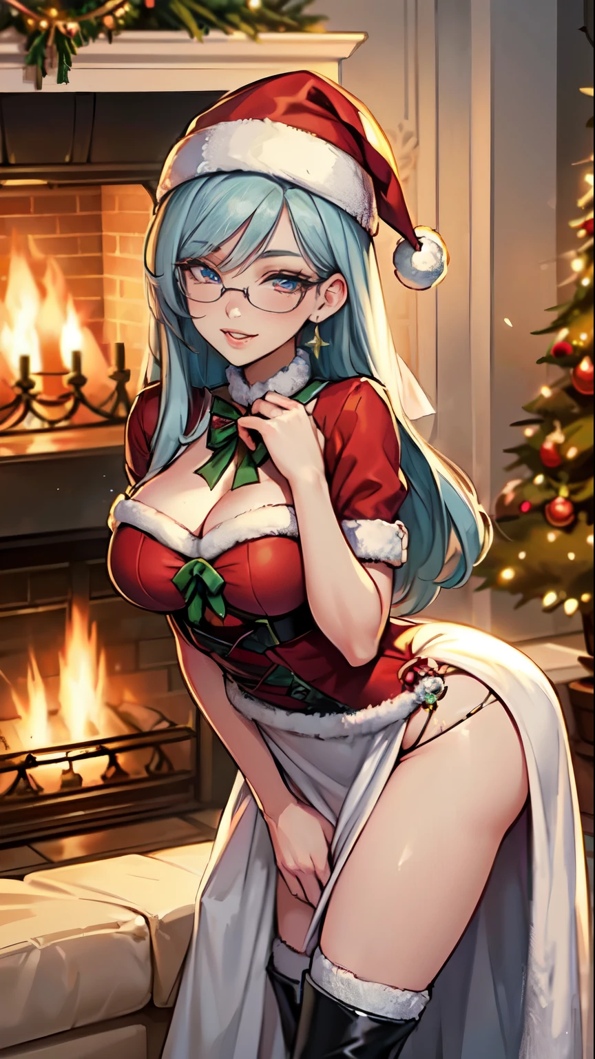 Masterpiece, beautiful art, professional artist, 8k, art style by sciamano240, very detailed face, very detailed hair, 1girl, perfectly drawn body, beautiful face, long hair, light blue hair , very detailed blue vertical cat eyes, pouty lips , rosey cheeks, intricate details in eyes, square glasses, wearing mrs clause outfit, red dress, mrs clause hat, black tigh boots, earrings, (wearing a wedding ring) , in love with the viewer expression, warm smile, at home christmas setting, fireplace, standing next to christmas tree,