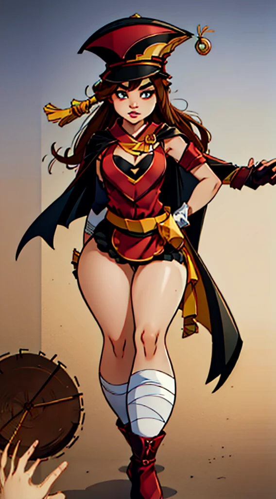 Woman, Adult, with medium height, with a flat chest, without breasts, with thick thighs, with clothes, with a red shirt, with a leather belt, with the belt having a Japanese design, with a long cape, that the cape is black, that the cape has golden edges, that the shirt reaches the crotch, that the right leg has a long stocking, that the stocking reaches the thigh, that the left leg is bandaged, that the bandage of the left leg reaches the thigh, with black gloves, with a pointed hat, that the hat is large, with brown hair, that he has a patch on the left eye, that the right eye is blue, good quality, HD, 8K, good angle, let him be standing, let him have an epic pose, let him have his right arm extended, have a magic circle in your hand, good lighting.