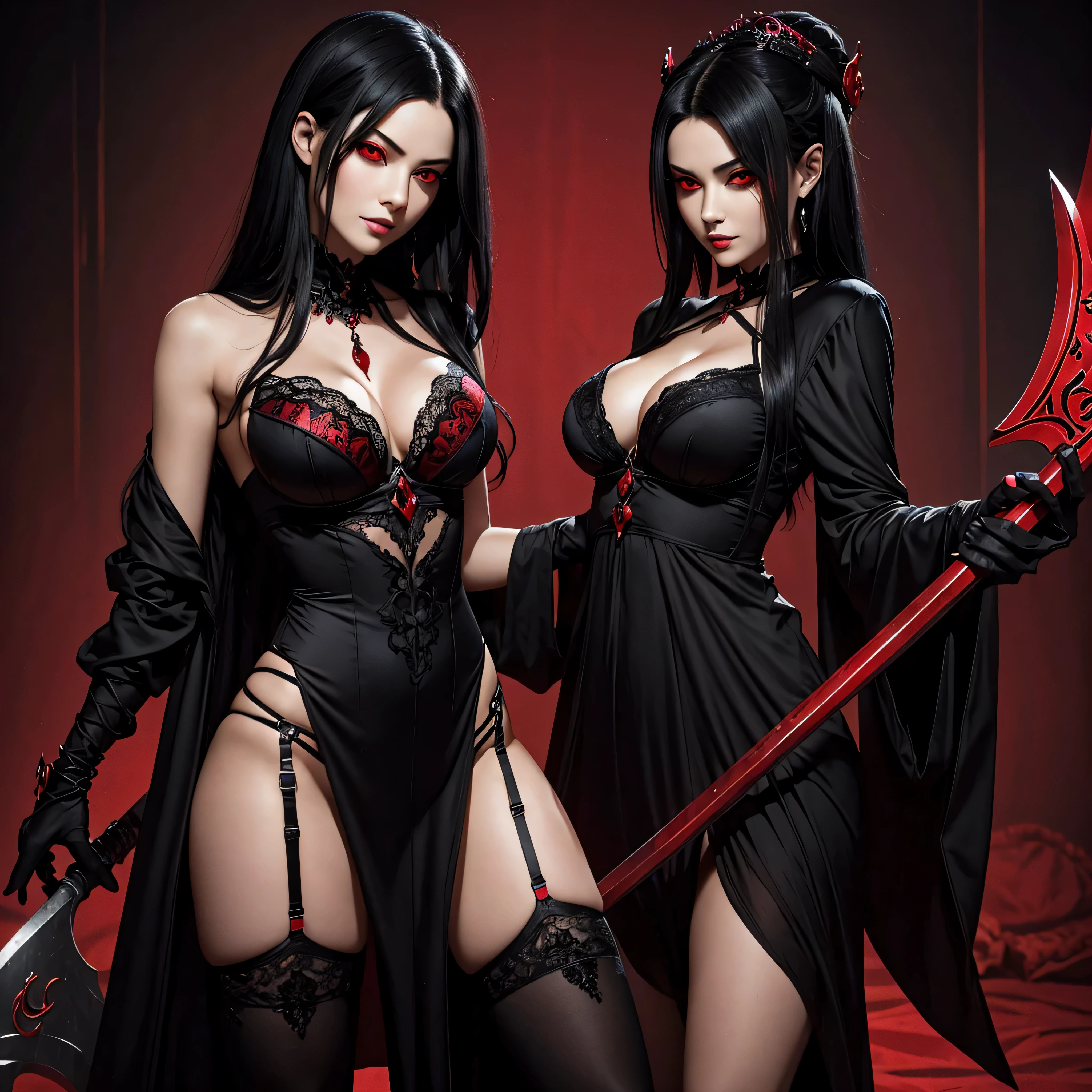 Evil Empress with black hair and bright red eyes, Wears sexy lingerie. Carries a scythe in his hand