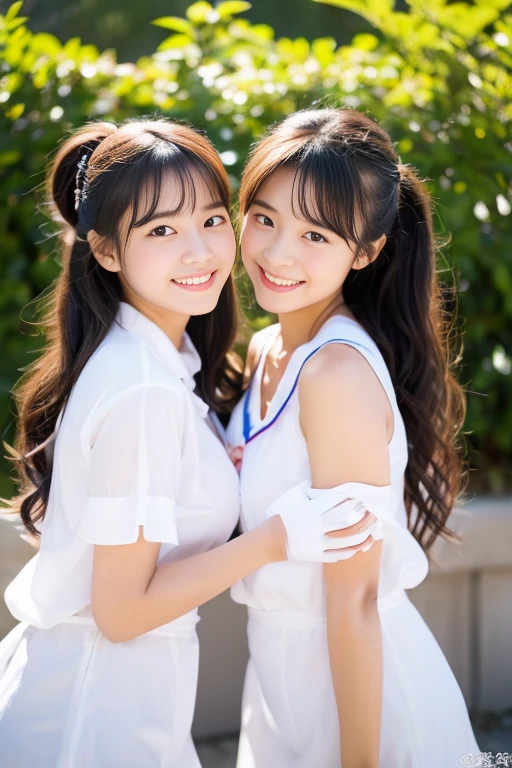 Two girls standing in a schoolyard with cherry blossoms in full bloom,White school swimsuit,bangs,A small smile,Thighs,knees,From below,Front light,,Short hair with bangs、Straight bob hair,