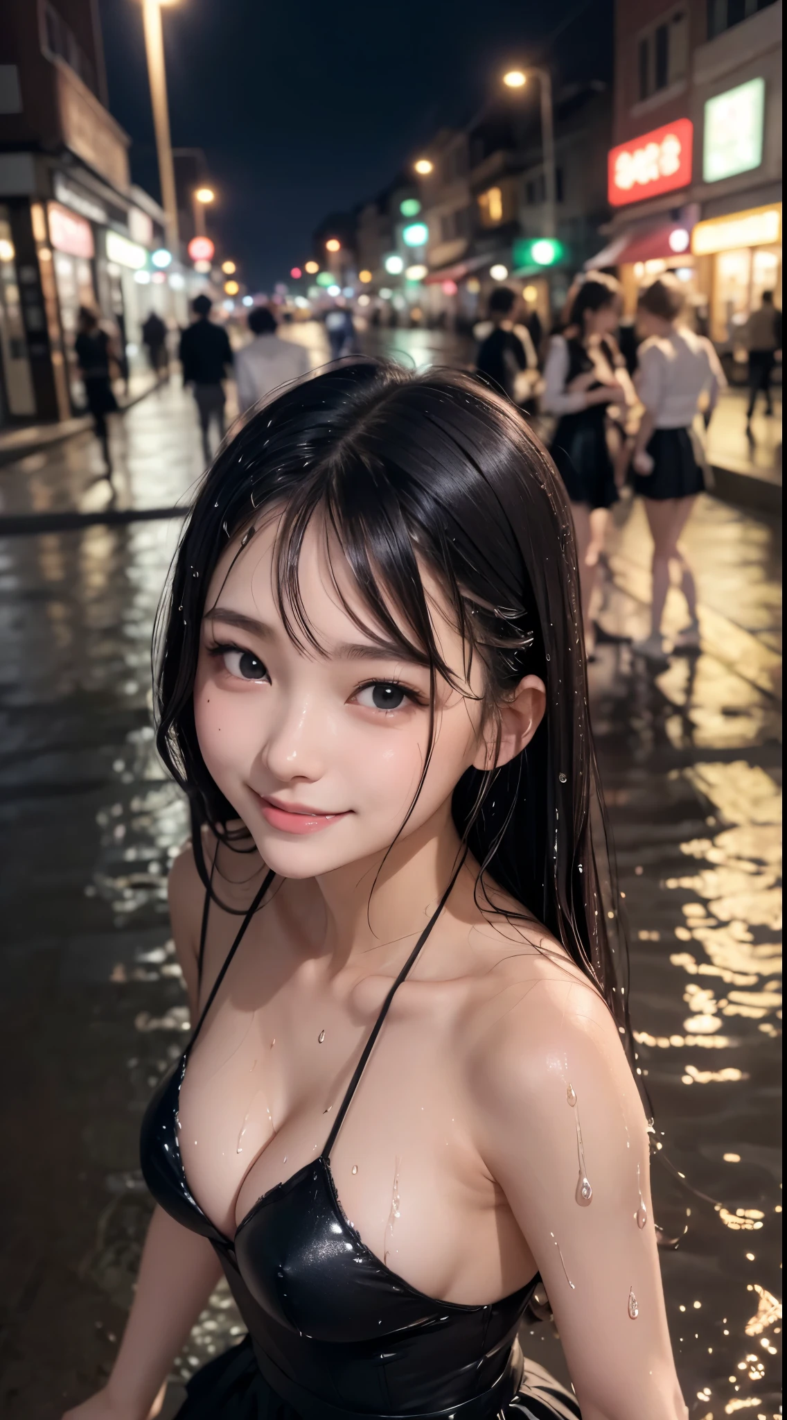 ((top-quality、masutepiece、hight resolution))、(Zoom photo from the front:1.95、Kamimei、Pose inviting a man、On the street at night、semi long hair、A dark-haired、Semen、a wet body、Small cleavage、Cute smile:1.45)、1 cat ear maid、kawaii faces、fishnet tights、(((black maid outfit)))