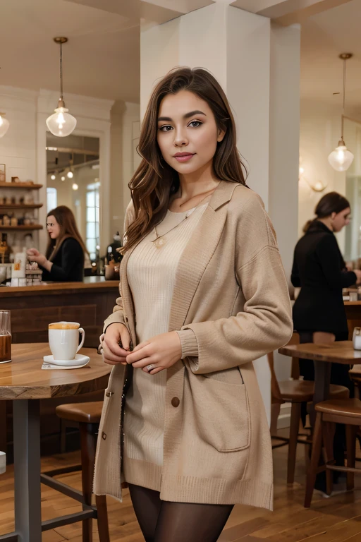 A beautiful girl, a true masterpiece of youthful allure chooses an elegant dress a stylish sweater dress with tights. Add a chic coat for a polished look. Ambient: Visit a local café with a warm and inviting ambiance. Savor delicious brunch items surrounded by the comforting aroma of coffee. She has a brown silky hair, big brown eyes, beautiful face, bright facial skin, impression-less, very beautiful Instagram model, realistic image. Dynamic composition, motion, ultra - detailed, incredibly detailed, a lot of details, amazing fine details and brush strokes, smooth.