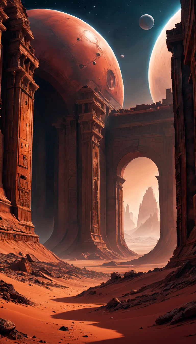 Movie Poster,(mysterious ancient ruins) on Mars,(science-fiction concept art),(detailed illustrationest quality,4k,highres,masterpiece:1.2),red planet landscaperight vibrant colors:1.1),(sci-fi lighting),(HDR),(crumbling structures),(desolate environment),(infinite horizon),(alien artifacttraterrestrial architecture),(atmospheric perspective),(exploration),(futuristic technology),(ruins of an advanced civilization),(isolated and abandoned),(astronaut explorers),(eerie atmosphere),(strange symbols),(mystical energy sources),(sweeping panoramic view),(dusty red sand),(surreal atmosphere),(ancient mysteries),(distant starry sky),(hauntingly beautiful),(dreamlike imagery),(epic scale),(awe-inspiring),(scientific discovery)