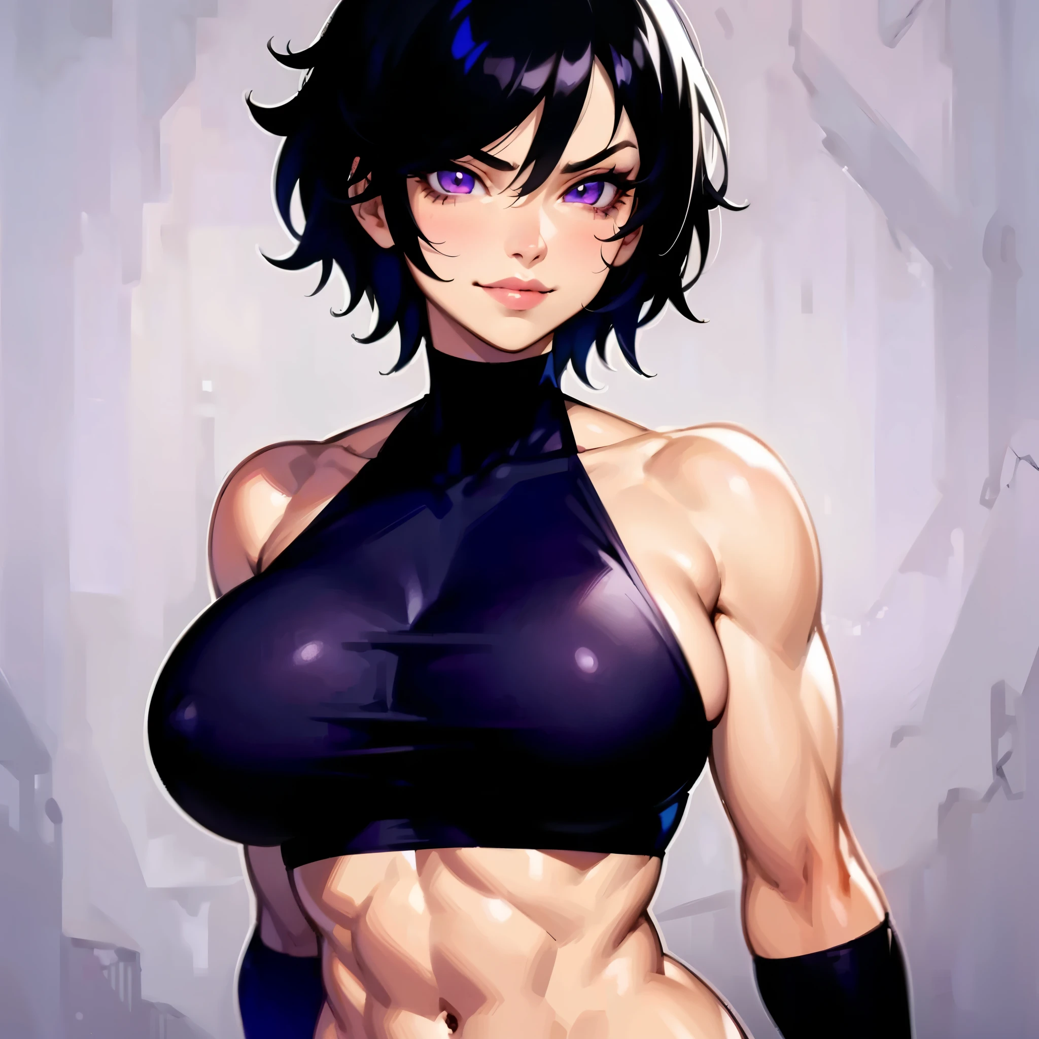 1woman, short messy black hair, purple eyes, muscular, big breast, full lips, black crop top, smirk, solo, best quality, masterpiece, portrait, simple background, looking at the camera, from the front, detailed, perfect anatomy, detailed art, high definition, 4k, high resolution