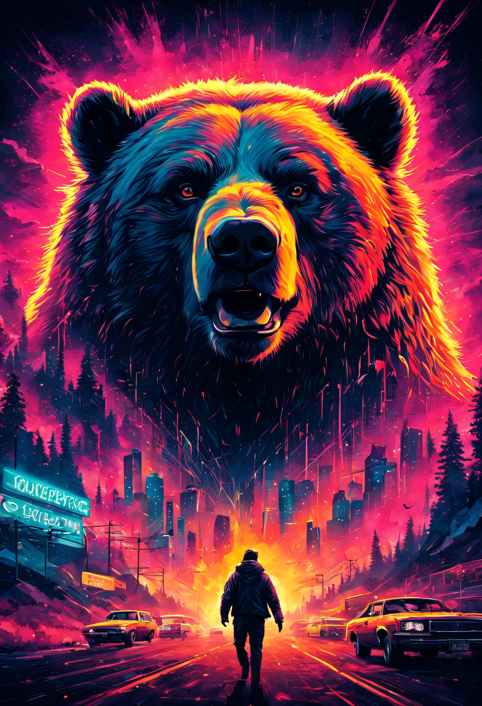 A beautiful bear, tarantino style film cover, film poster,retro,gritty,grindhouse,cult classic,eccentric characters,dark humor,neon lights,vibrant colors,twisted narrative,plot twists,action-packed,stylized violence,larger-than-life,80s vibe,gritty textures,film grain,hand-drawn,edgy,iconic imagery,catchy tagline,dynamic composition,impressive illustrations,eye-catching design,unique typography,intense atmosphere, Enhance, intricate, (best quality, masterpiece, Representative work, official art, Professional, unity 8k wallpaper:1.3)