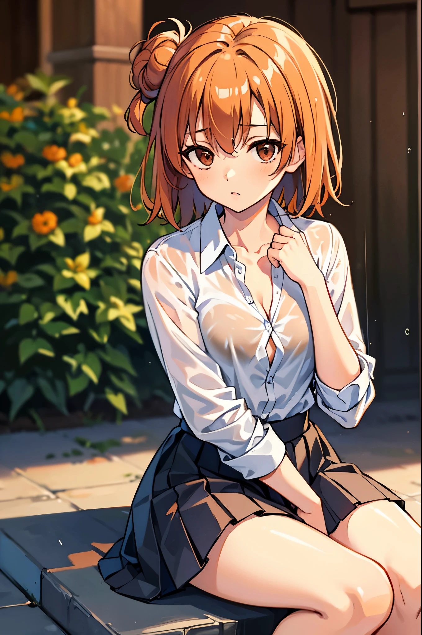 (masterpiece), best quality, expressive eyes, perfect face, highres, 1 girl, solo, yuigahama yui, short hair, (brown eyes:1.5), (orange hair:1.2), hair bun, single hair bun, skirt, shirt, school uniform, white shirt, sobu high school uniform, garden background, depth of field, sitting on floor, portrait, looking at the viewer, raining, wet, wet clothes, transparent clothes, barefoot, (unbuttoned shirt), disheveled hair, wet hair,
