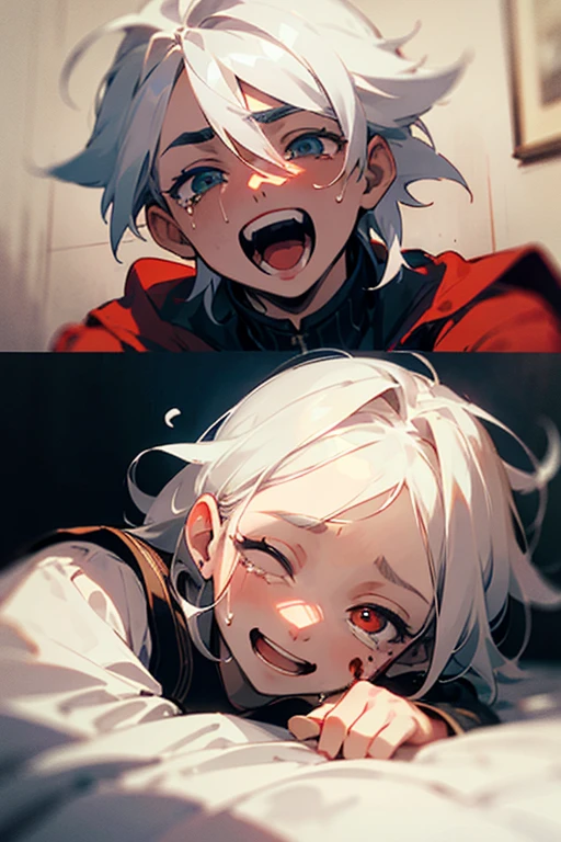 ((Best quality at best)), ((tmasterpiece)), (Detailed pubic hair), s the perfect face，Terrifying，A photo of the boy Ares Saga laughing hangs on the wall，Head up ，Smiling boldly，white hair and eyebrowlood-red whites of the eyes，Right eye bleeding and tears，Human girl sleeping in bed，A generation&#39;s nightmare