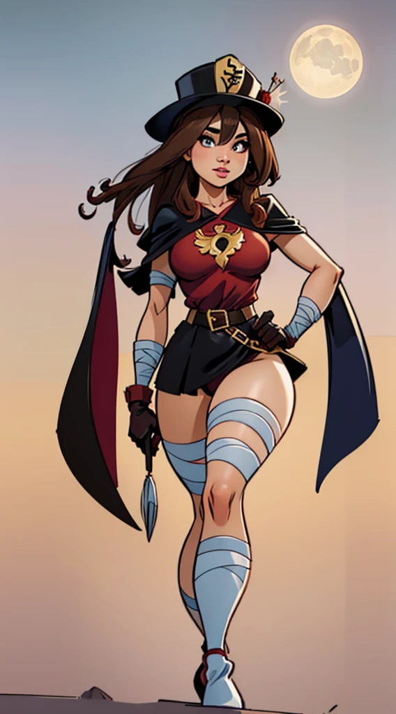 Woman, Adult, with medium height, with a flat chest, without breasts, with thick thighs, with clothes, with a red shirt, with a leather belt, with the belt having a Japanese design, with a long cape, that the cape is black, that the cape has golden edges, that the shirt reaches the crotch, that the right leg has a long stocking, that the stocking reaches the thigh, that the left leg is bandaged, that the bandage of the left leg reaches the thigh, with black gloves, with a pointed hat, that the hat is large, with brown hair, that he has a patch on the left eye, that the right eye is blue, good quality, HD, 8K, good angle, let him be standing, let him have an epic pose, let him have his right arm extended, have a magic circle in your hand, good lighting.