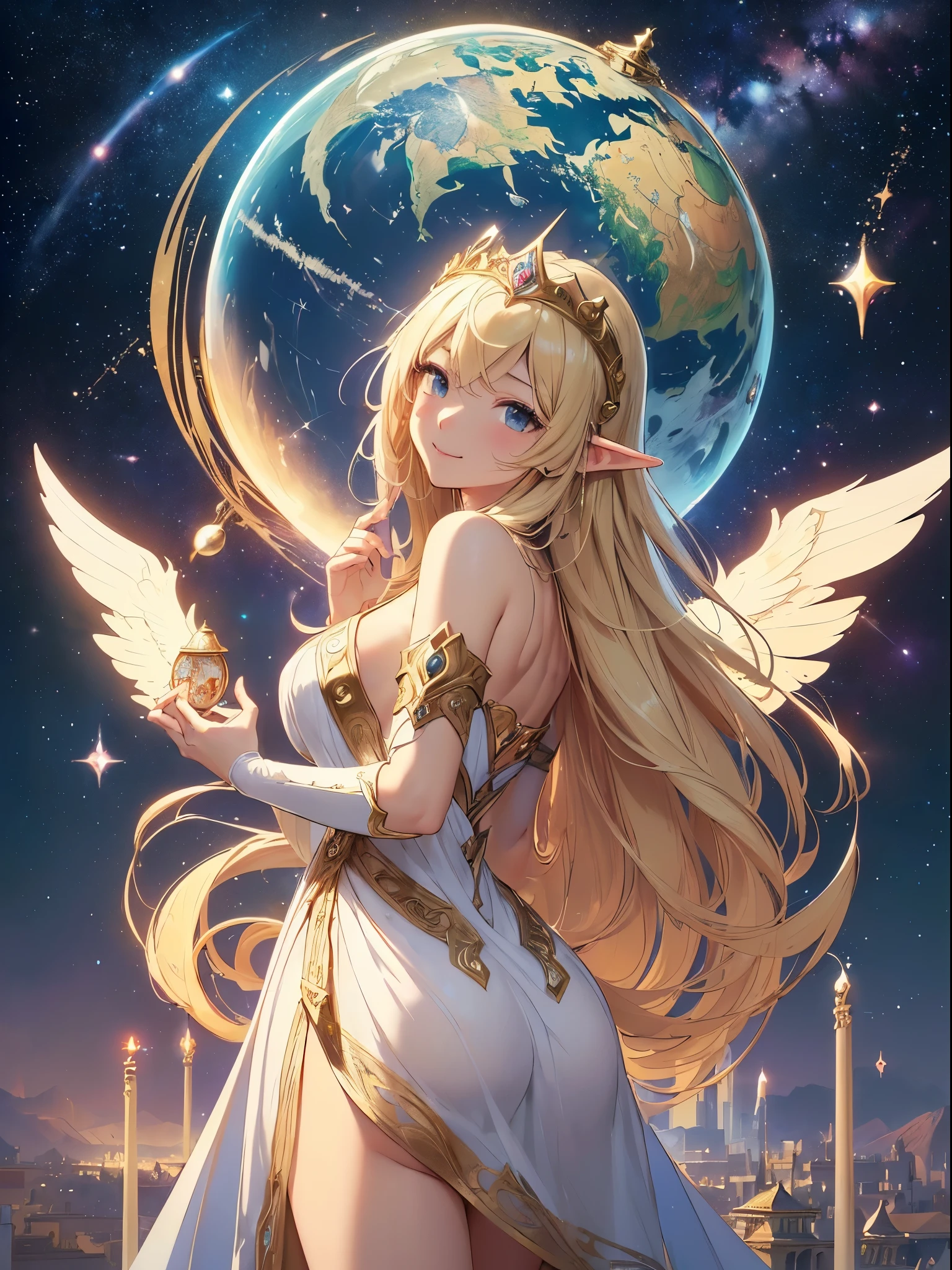 top-quality、Top image quality、masterpiece、Super beautiful elf beauty((22 years old OL big wing、giant archangel winged bust、big bast、Bust 90,beautiful long ironed hair、a blond、globe、、A slender、a closeup、Esbian、beautiful tiara、hiquality、Beautiful Art、Background with((starrysky)))masutepiece、visualart、depth of fields、low angle of morning sky、、Elven ears、、light magic、Space Knight、harp melody🎵、Happy smile、Gentle light、、Beautiful legs that are gentle on the skin、、、Number of fingers to achieve precise finger movements、ticker beautiful decorative white dress、elegent、Mystical Rosa、 Heaven、Marble pillars, beautiful dressy、magnificent marble dome、Huge galaxy、religious painting、holding the earth、Temple of Time、Great watch、hour glass、sundial、moment of creation!myth、alphonse mucha art、art noveau、byzantine art、folding screen picture、gold foil、Raphael's paintings、Renaissance art