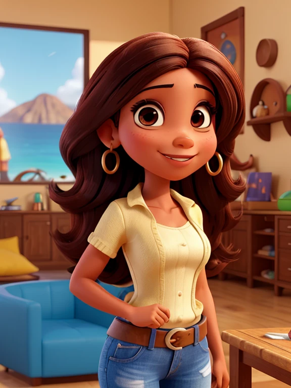 Mulher cubana morena, cabelos curtos encaracolados e castanhos, olhos castanhos e aproximadamente 30 anos, sorrindo, estilo Pixar 3D Hd
