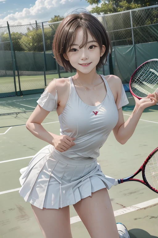 Pubic hair grows、Smile full of happiness、((nearly naked:1.3))、nearly naked、、Panting face、Lacking、After being attacked、Sweating、Expression in a state of excitement、short-hair、eye glass、1girll，tennis play is perfect，crisp breasts, Convex buttocks,White Sport Short Sleeve，Short white pleated skirt，White sport socks，White Tennis Shoes，Wet hair，short-hair、a wet body，Shake the paddle，Tennis Court，Sunnyday，Clouds， Detailed background, Clothing Details, Perfectly proportioned, film grains, Fuji colors, lightand shade contrast, tmasterpiece, high detal, high quarity, hight resolution, Cinematic lighting, 8K, Textured skin, Super Detail