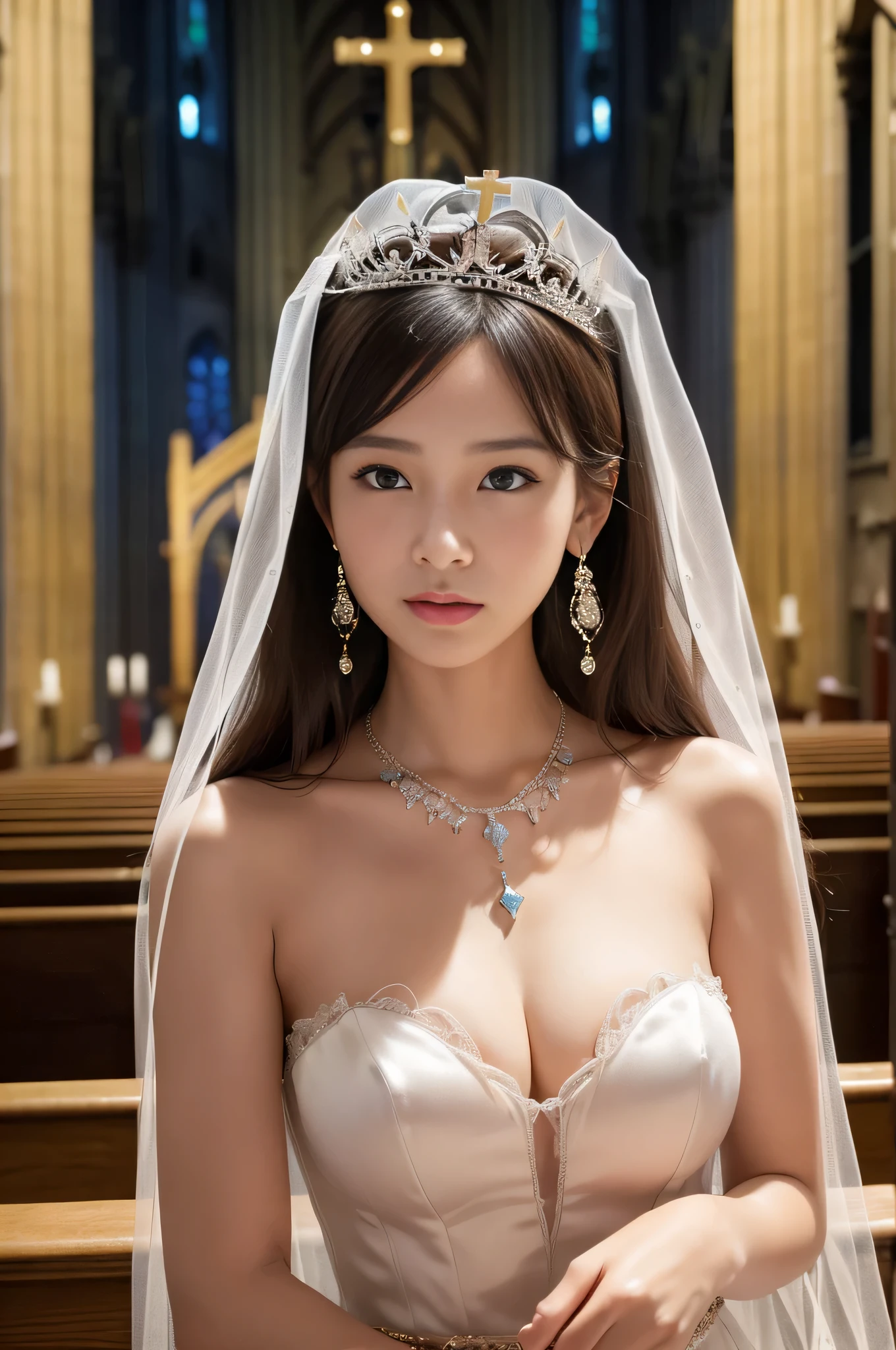 (in 8K、Raw photography、Highest Quality、realisitic、Photorealsitic、Professional Lighting、​masterpiece、extremely delicate and beautiful、Highly detailed、finely detail、ultra-detailliert、hight resolution、full-shot)、Detailed scenario in a very crowded church、(((1girl in、Beautuful Women、fullnude:1.5、Model body type、Gorgeous big earrings、Gorgeous Big Necklace、gorgeous tiara、Tulle veil on head)))、woman 1名を除く全客は男性、スーツ姿のYoung men、(woman 1)Touching the body of、Young men(woman 1)hug from behind、Young men(woman 1)Touching the chest of、(((In front of the altar of the church)))、