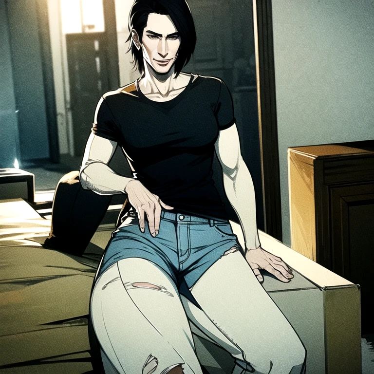 masterpiece, best quality, 1boy, solo, child, straight hair, very short hair, dark hair, dark eyes, grey t-shirt, brown shorts, undersized clothes, torn shirt, torn pants, indoors, looking at viewer, surprised