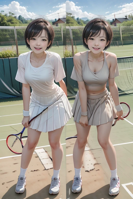 Pubic hair grows、Smile full of happiness、((nearly naked:1.3))、nearly naked、、Panting face、Lacking、After being attacked、Sweating、Expression in a state of excitement、short-hair、eye glass、1girll，tennis play is perfect，crisp breasts, Convex buttocks,White Sport Short Sleeve，Short white pleated skirt，White sport socks，White Tennis Shoes，Wet hair，short-hair、a wet body，Shake the paddle，Tennis Court，Sunnyday，Clouds， Detailed background, Clothing Details, Perfectly proportioned, film grains, Fuji colors, lightand shade contrast, tmasterpiece, high detal, high quarity, hight resolution, Cinematic lighting, 8K, Textured skin, Super Detail