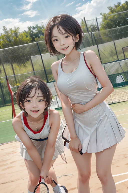 Pubic hair grows、Smile full of happiness、((nearly naked:1.3))、nearly naked、、Panting face、Lacking、After being attacked、Sweating、Expression in a state of excitement、short-hair、eye glass、1girll，tennis play is perfect，crisp breasts, Convex buttocks,White Sport Short Sleeve，Short white pleated skirt，White sport socks，White Tennis Shoes，Wet hair，short-hair、a wet body，Shake the paddle，Tennis Court，Sunnyday，Clouds， Detailed background, Clothing Details, Perfectly proportioned, film grains, Fuji colors, lightand shade contrast, tmasterpiece, high detal, high quarity, hight resolution, Cinematic lighting, 8K, Textured skin, Super Detail