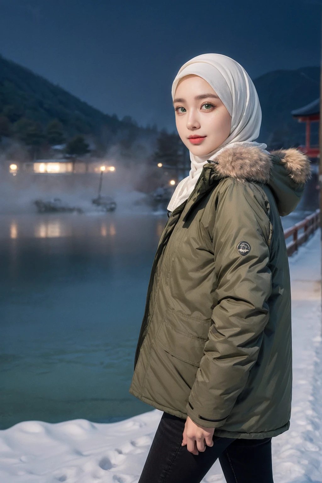 (Hijab:1.7), shy stance, ((Midnight, Best Quality, 8K, Masterpiece :1.3)), Full Body, (realistic photos of Hijab Korean female, slightly smile,expressive eyes,eye makeup, ((Lake Kawaguchiko, Japan background)) ,standing posture,confident attitude,Eye-Level Shot, slightly blurry background,UHD,masterpiece:1.2,highres,16k), long Jeans, black, (Parka-jacket:1.2), snow foggy weather,