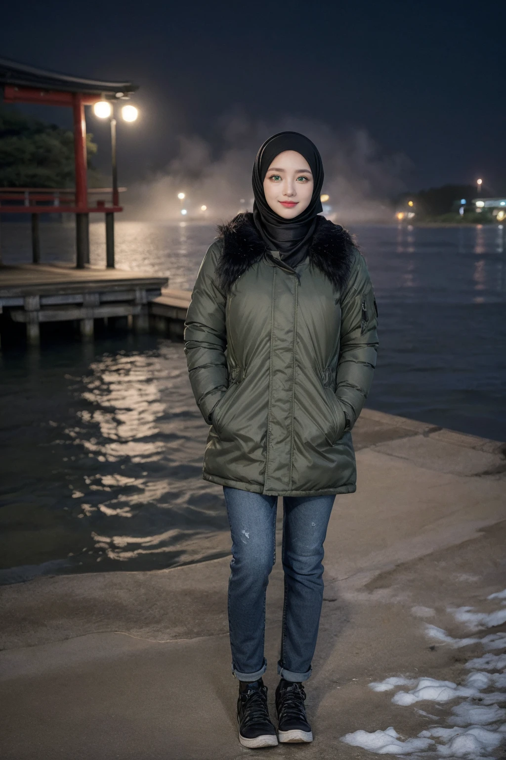 (Hijab:1.7), shy stance, ((Midnight, Best Quality, 8K, Masterpiece :1.3)), Full Body, (realistic photos of Hijab Korean female, slightly smile,expressive eyes,eye makeup, ((Lake Kawaguchiko, Japan background)) ,standing posture,confident attitude,Eye-Level Shot, slightly blurry background,UHD,masterpiece:1.2,highres,16k), long Jeans, black, (Parka-jacket:1.2), snow foggy weather,