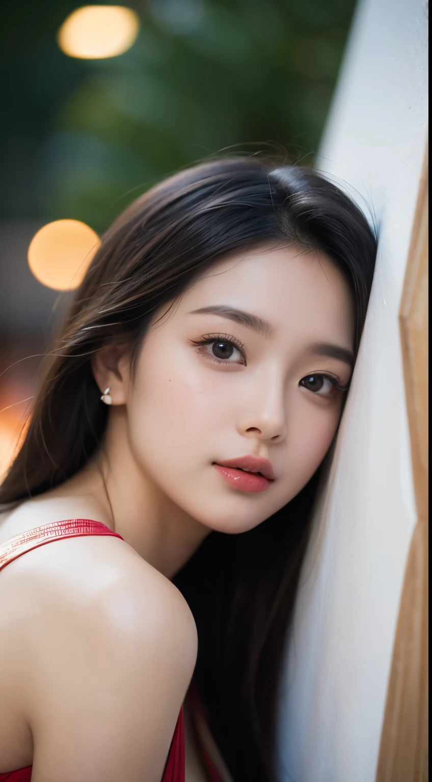 Goddess woman, angle from bottom to top, bokeh, close-up, seductive look, modern outfit