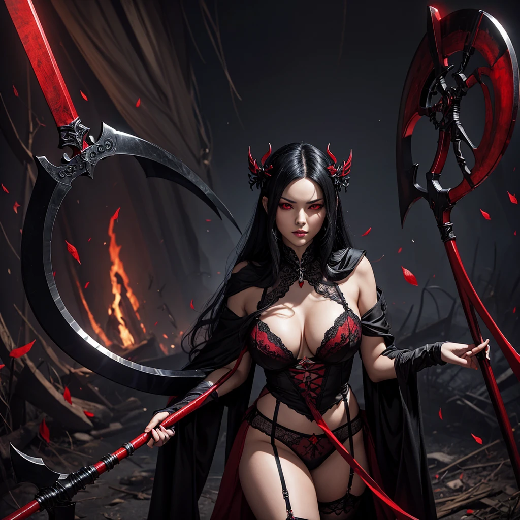 Evil empress with black hair and bright red eyes, Wears sexy lingerie. Carries a scythe in his hand