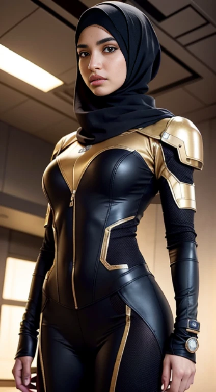 RAW, Best quality, high resolution, Masterpiece: 1.3), Beautiful woman in hijab,Masterpiece, best quality,8k, brown eyes, perfect eyes,Imagine the girl in hijab in a futuristic command center, strategically coordinating her mecha suit's actions to respond to a crisis, showcasing her leadership and intelligence