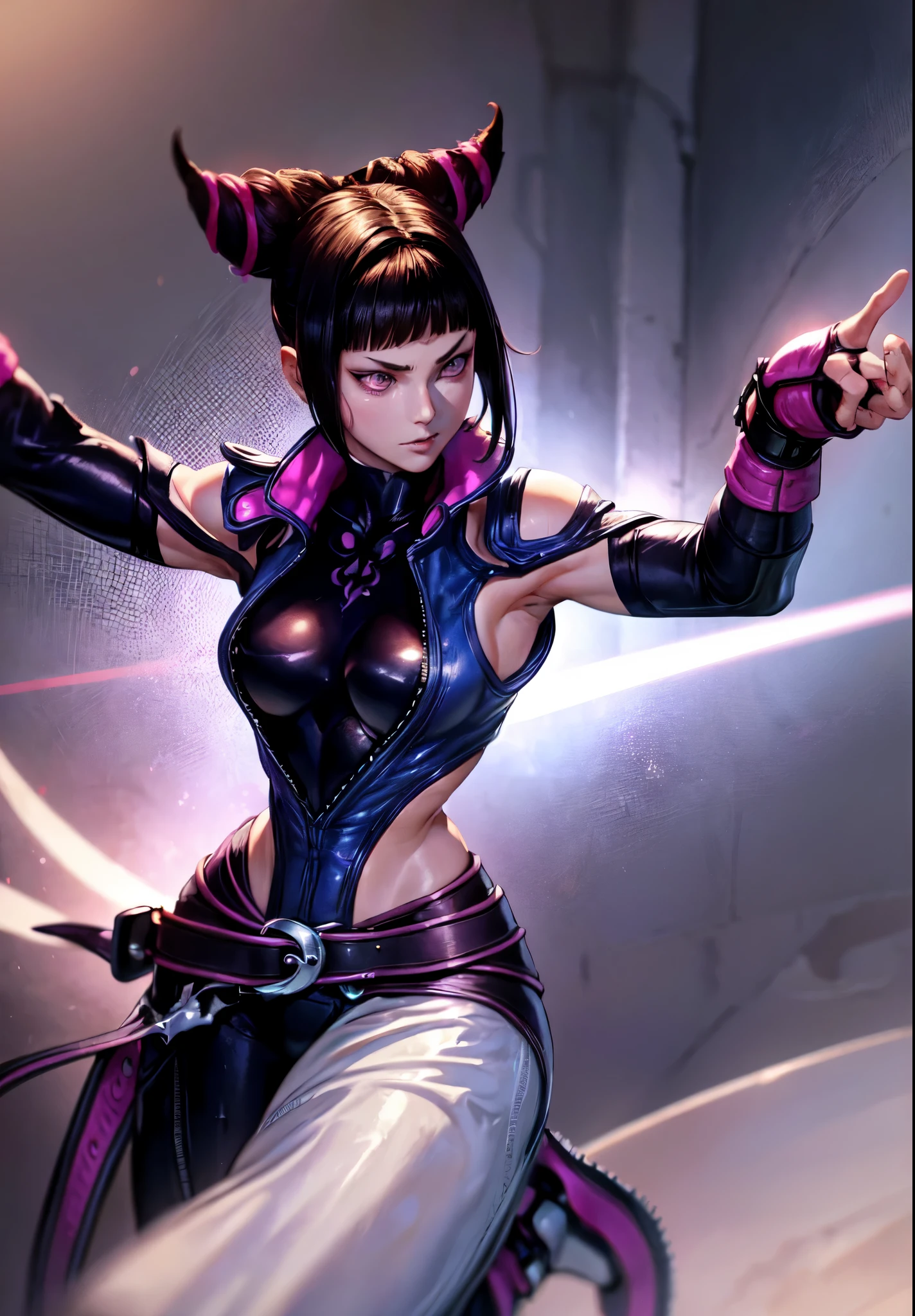 JuriMS, Juri Han, SFV, cornes de cheveux,  (Masterpiece, Best quality:1.4), (debout:1.1), M(1fille), seuleMent, detailed background, profondeur de chaMp, voluMeric lighting, Mise au point nette, bonne anatoMie, (M), 16K HDR,