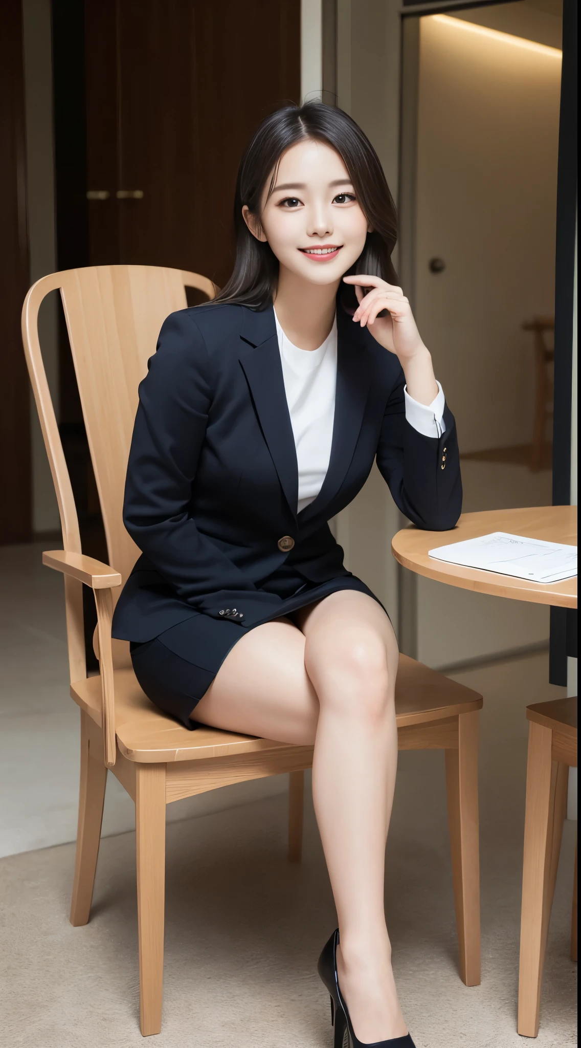 masutepiece, Best Quality, Illustration, Ultra-detailed, finely detail, hight resolution, 8K Wallpaper, Perfect dynamic composition, Beautiful detailed eyes, Business suits,Mini skirt、Medium Hair, Medium:1.2, Natural Color Lip, Sit on a chair and cross your legs,Smile、25 year old girl