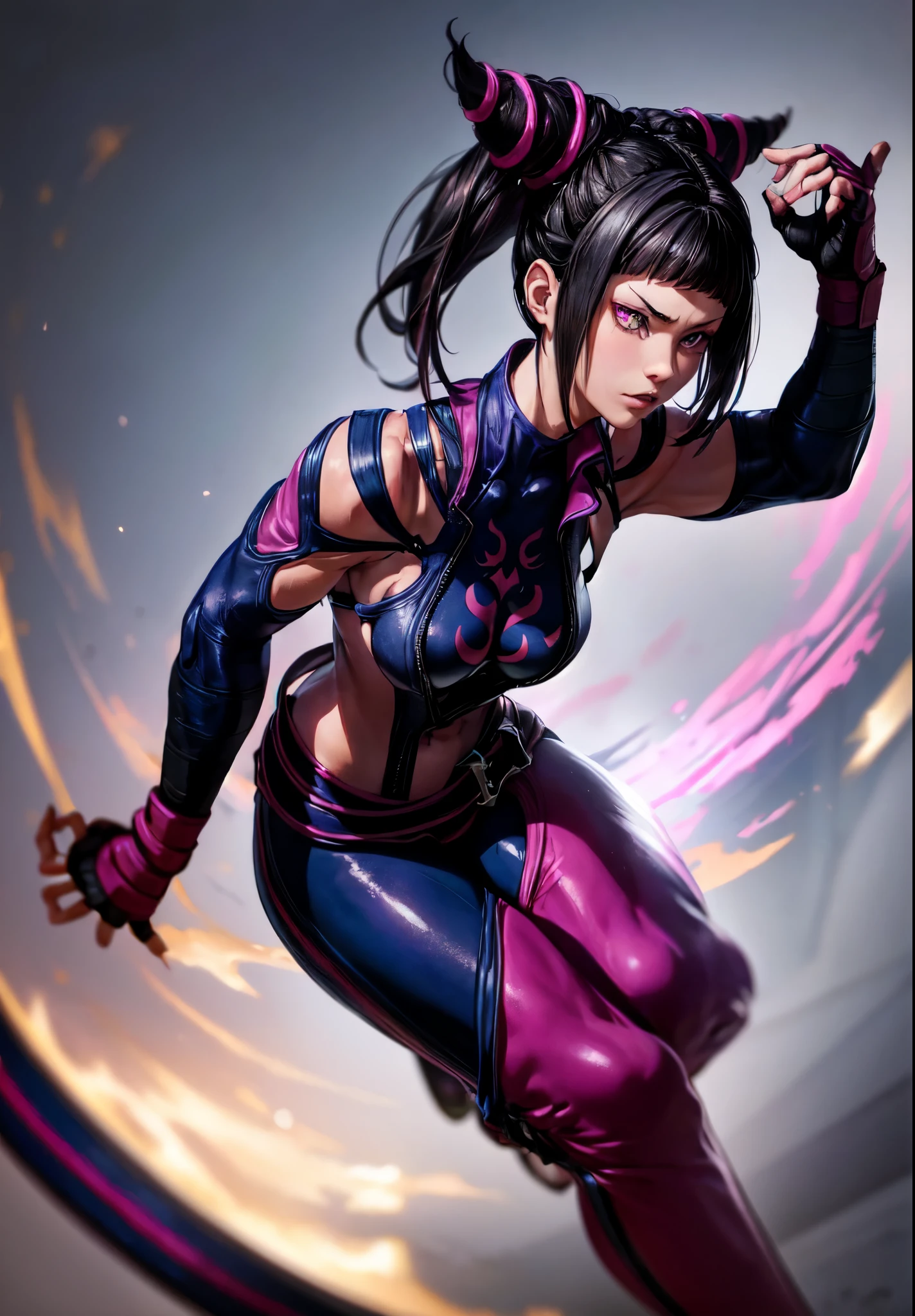 JuriMS, Juri Han, SFV, cornes de cheveux, (Masterpiece, Best quality:1.4), (debout:1.1), M(1fille), seuleMent, detailed background, profondeur de chaMp, voluMeric lighting, Mise au point nette, bonne anatoMie, (M), 16K HDR,
