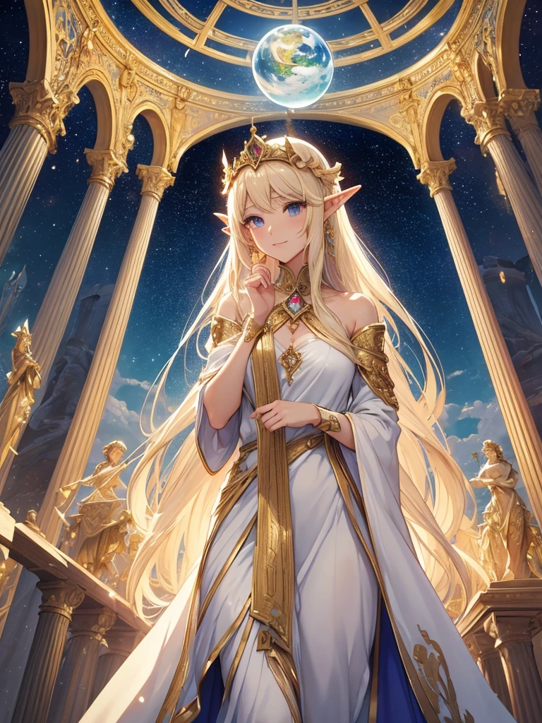 top-quality、Top image quality、masterpiece、Super beautiful elf beauty((22year old )) Giant fairy wings、big bast、Bust 90,beautiful long ironed hair、a blond、globe、、A slender、a closeup、Esbian、beautiful tiara、hiquality、Beautiful Art、Background with((starrysky)))masutepiece、visualart、depth of fields、low angle of morning sky、、Elven ears、、light magic、Space Knight、harp melody🎵、Happy smile、Gentle light、、Beautiful legs that are gentle on the skin、、、Number of fingers to achieve precise finger movements、ticker beautiful decorative white dress、elegent、Mystical Rosa、 Heaven、Marble pillars, beautiful dressy、magnificent marble dome、Huge galaxy、religious painting、holding the earth、Temple of Time、Great watch、hour glass、sundial、moment of creation!myth、alphonse mucha art、art noveau、byzantine art、、gold foil、Raphael's paintings、Renaissance art