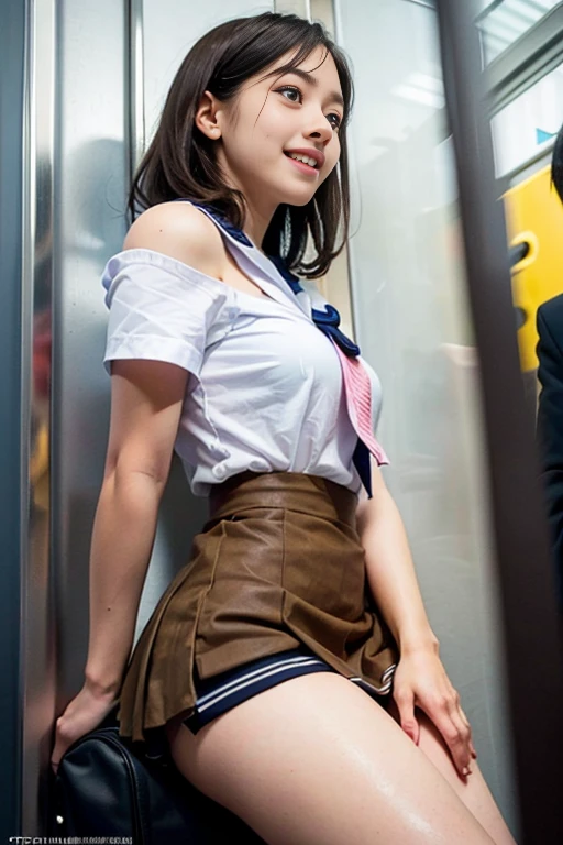 8k, RAW portrait (japanese woman), masterpiece, Photoreal:1.3, realistic, ultra high resolution, highest quality, real life photos, (in the evening :1.1), 1girl, (beautiful detailed face:1.1), (school uniform), (sailor uniform), (skirt), (blush:1.3), (large breasts), (smile:1.2), (dark purple silk_panties:1.4), (cameltoe), (sitting on train chair), (open legs), (train), (skirtlift), (tokyo), white_socks, loafers