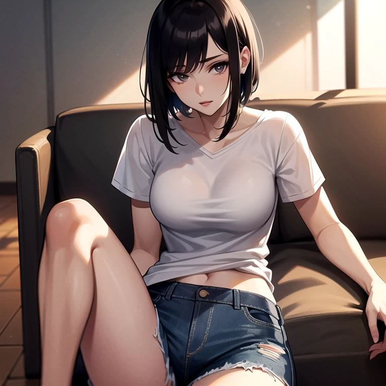 masterpiece, best quality, 1boy, solo, child, straight hair, very short hair, dark hair, dark eyes, grey t-shirt, brown shorts, undersized clothes, torn shirt, torn pants, indoors, looking at viewer, surprised