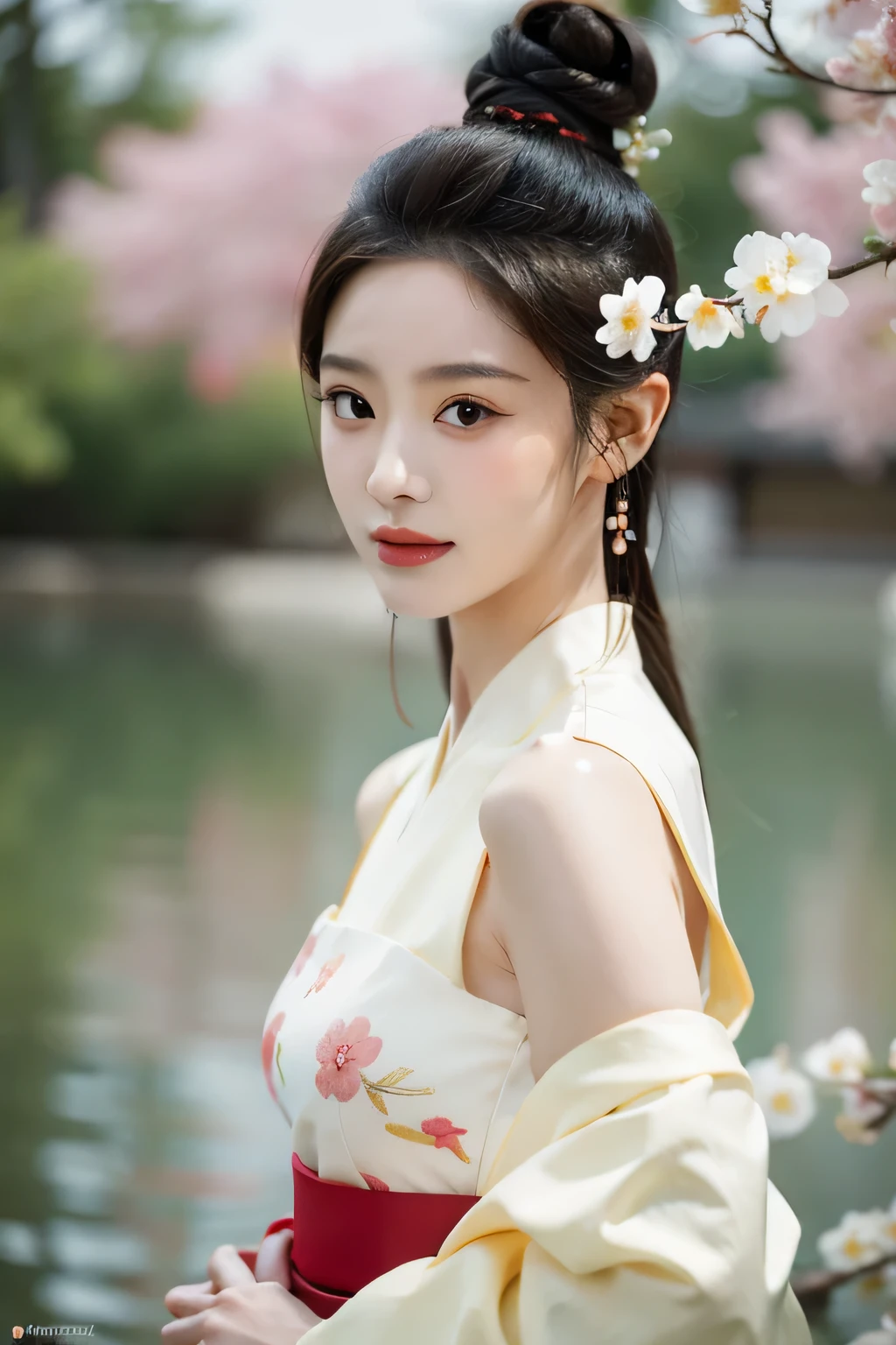 Suzhou Garden,1 Sister, Clear facial features，The skin is real，Long gray hair,Alone,Plum blossoms are in full bloom,black hair color hair,Branch,Upper part of the body,actual,Chinese clothes,fine texture，Intricate patterns，hair adornments,bblurry background,bblurry,awas,hair-bun, photore, A high resolution, 4K, 8K,