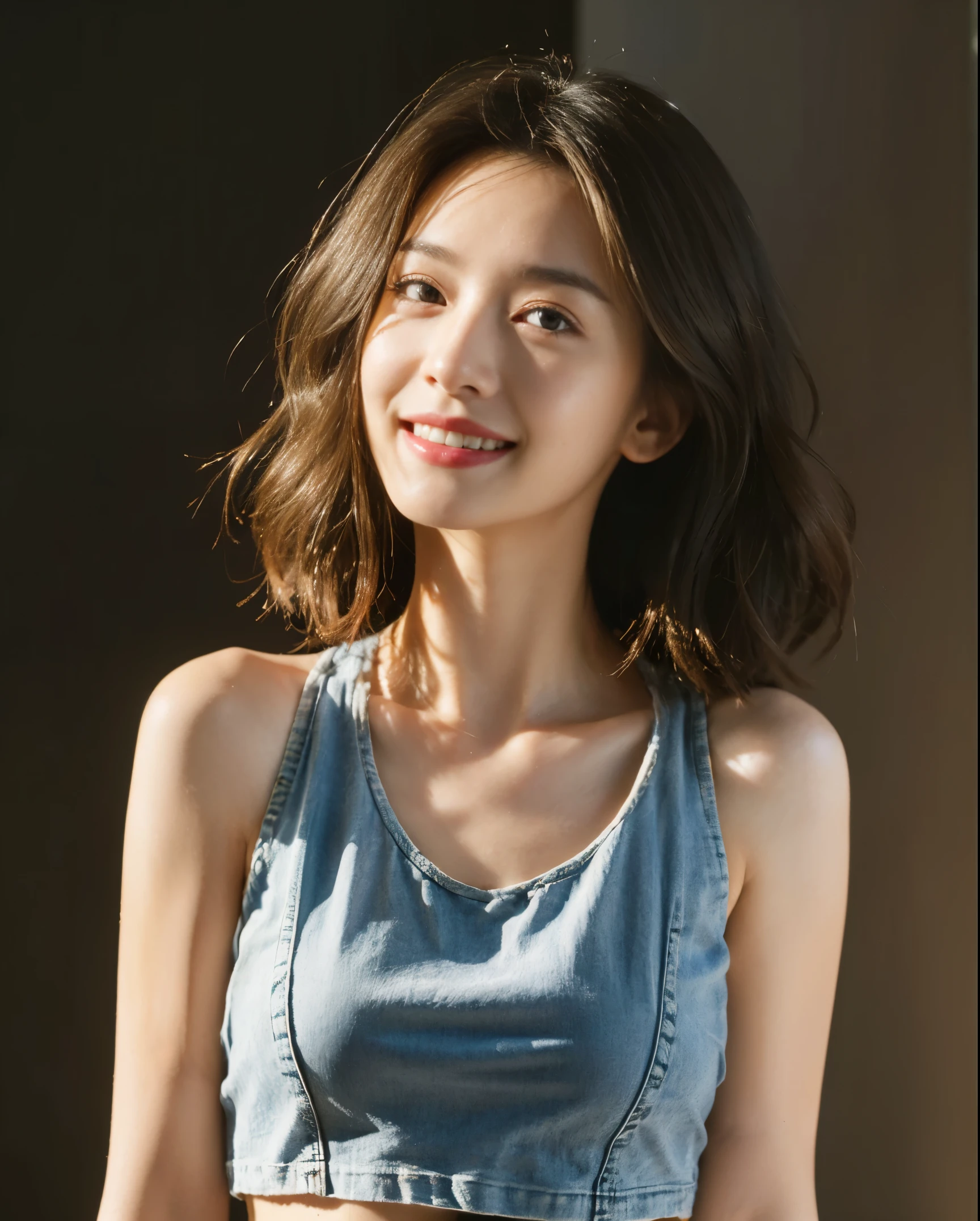 ((medium chest, long hair, small head)), daylight, sunlight, (well-defined abs: 1.1), (perfect body: 1.1), (short wavy hair: 1.2), russet hair, collar, chain, full body photo, shabby street, wearing a black tank top, denim jacket, ((shorttremely detailed CG 8k wallpaper), (extremely delicate and beautiful), (masterpiece), (Best Quality: 1.0), (Ultra Resolution: 1.0), Beautiful Lighting, Perfect Lightning, Realistic Shadows, [High Resolution], Detailed Skins, Ultra Detailed, smile