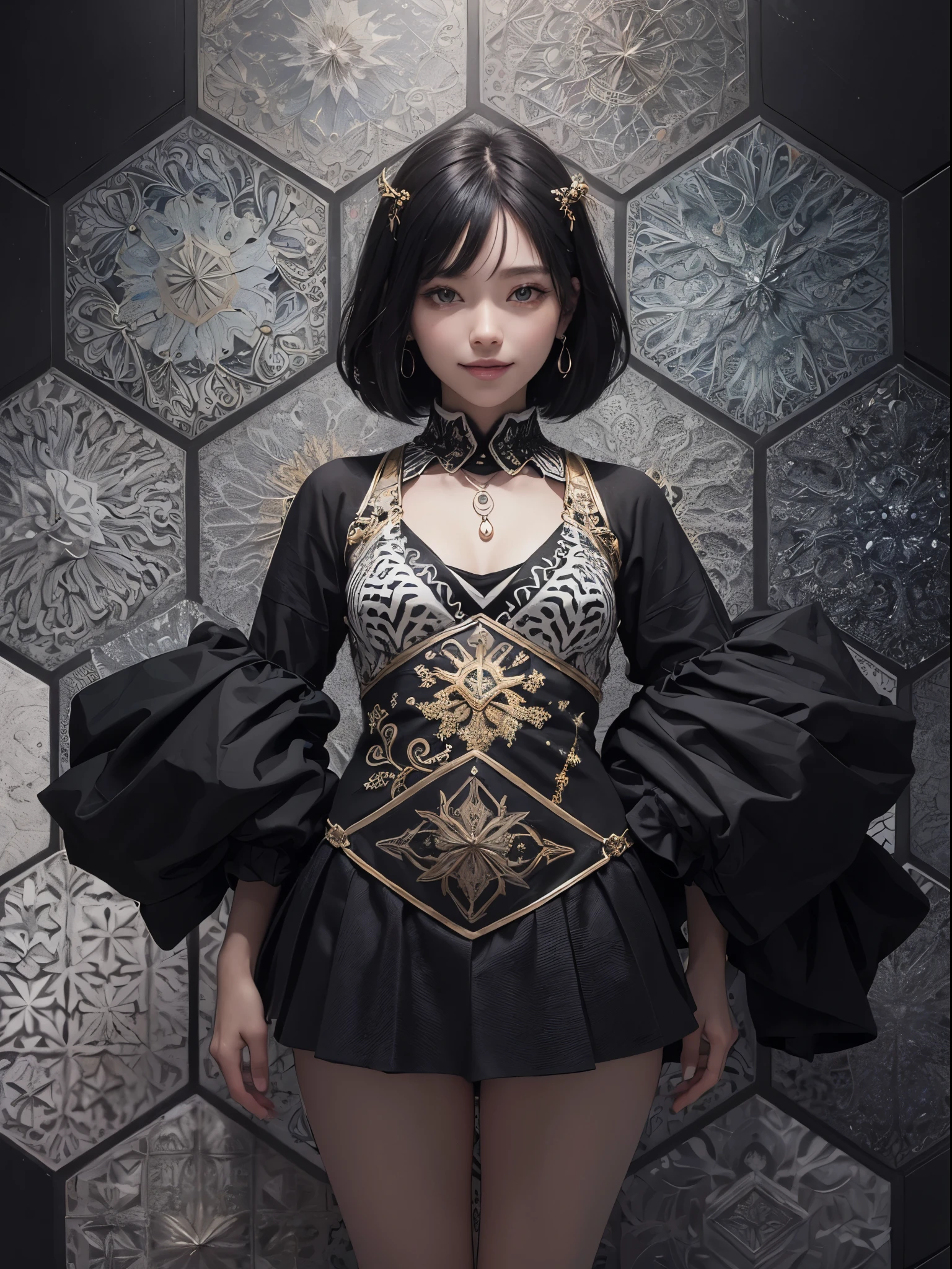 (Digital art, fractal art, official art, beautiful and aesthetic, ultra detailed, beautiful, masterpiece, best quality:1.8), (1girl:1.2), Detailed face, Detailed eyes, Detailed hair, Detailed fingers, five fingers,
_
BREAK cute ig model, Japanese cute model, 22 years old, Tightened all body, small head, small face, small mouth, diamond Face, small nose, Sharp Faceline, smile,Teeth, (dropy eyes, Double eyelid, Light color eyes, Moist eyes, Shiny eyes:1.2), Shiny hair, Shiny skin,
_
BREAK (happy, smile, Teeth, Glossy Lips), beautiful Teeth, 
_
BREAK (oversize, black long sweat on print sweatshirt:1.2),(Collared White Geometric patterns print:1.2),(black tight long skirt:1.2), (black and White Enamel high-cut Sneakers:1.2),silver necklace,earring,