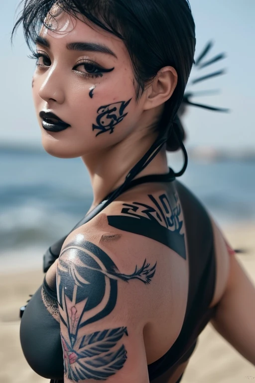 best quality, masterpiece, (raw photo, photorealistic, realistic:1.1), 8K, best aesthetic, (extremely detailed, correct anatomy:1.5), pov, (outdoor, noon, summer, beach:1.4), 1 girl, Japanese teen, 18 years old, (full body:1.3), ((supine:1.4)), ((lying on the beach, armpit:1.1)), (perfect body, fairly detailed skin:1.5), (tan, oil:1.2), short hair, black hair, dark eyes, highly detailed eyes, tall nose, beautiful nose, detailed lips, expressionless, ((tattoos on shoulder and breast:1.5)), ((black bikini:1.4)), ((slender, beautiful breast:1.3)),