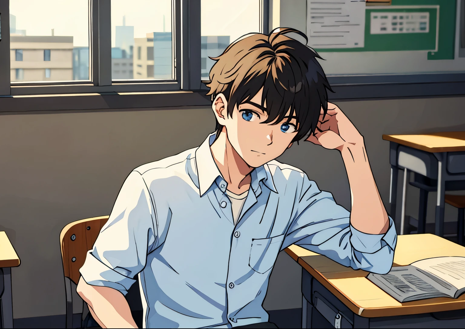 1boy,Sitting,In the classroom,,