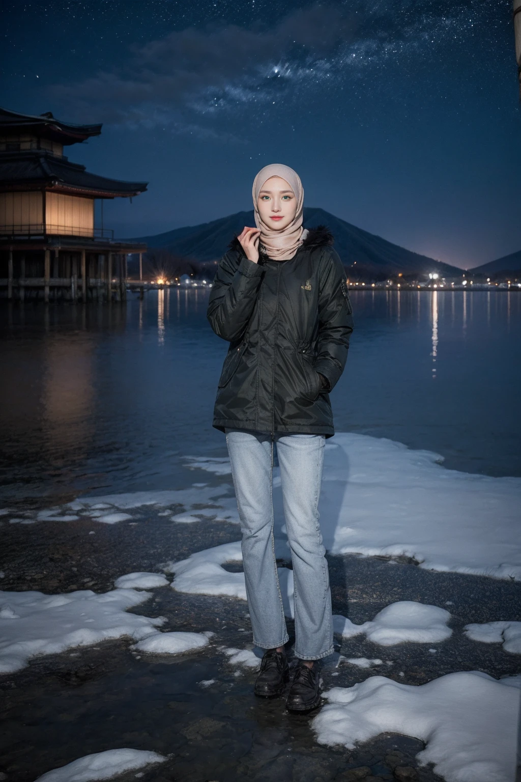 (Hijab:1.7), shy stance, ((Midnight, Best Quality, 8K, Masterpiece :1.3)), Full Body, (realistic photos of Hijab Korean female, slightly smile,expressive eyes,eye makeup, ((Lake Kawaguchiko, Japan background)) ,standing posture,confident attitude,Eye-Level Shot, slightly blurry background,UHD,masterpiece:1.2,highres,16k), long Jeans, black, (Parka-jacket:1.2), snow foggy weather, focus on sky full of stars