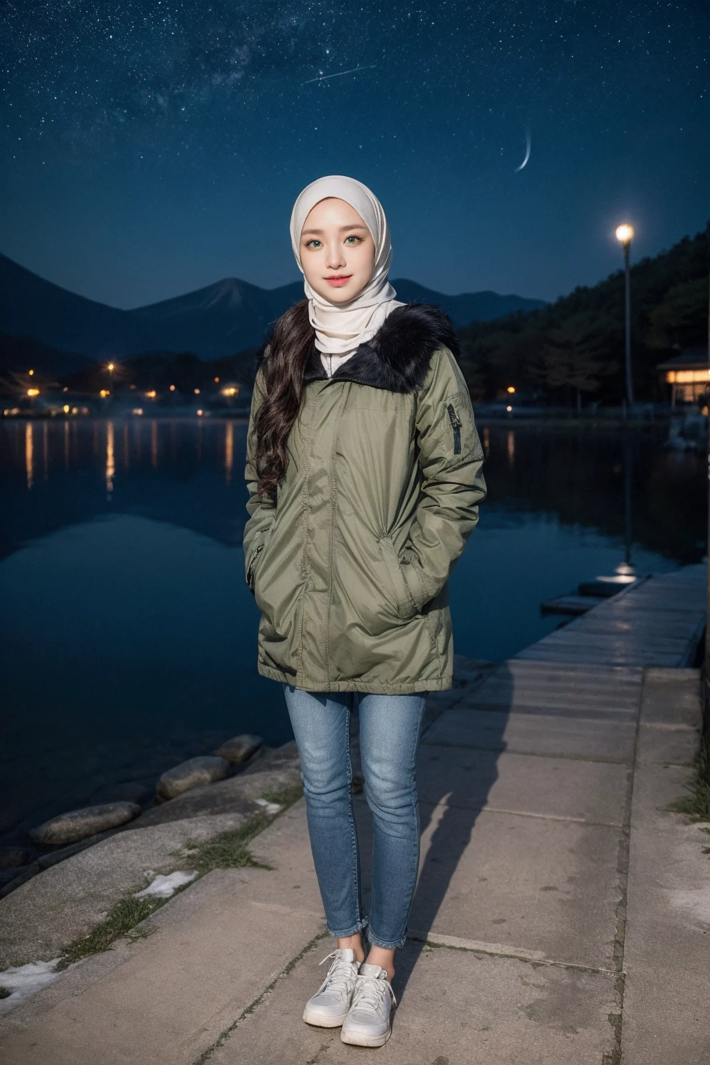 (Hijab:1.7), shy stance, ((Midnight, Best Quality, 8K, Masterpiece :1.3)), Full Body, (realistic photos of Hijab Korean female, slightly smile,expressive eyes,eye makeup, ((Lake Kawaguchiko, Japan background)) ,standing posture,confident attitude,Eye-Level Shot, slightly blurry background,UHD,masterpiece:1.2,highres,16k), long Jeans, black, (Parka-jacket:1.2), snow foggy weather, focus on sky full of stars