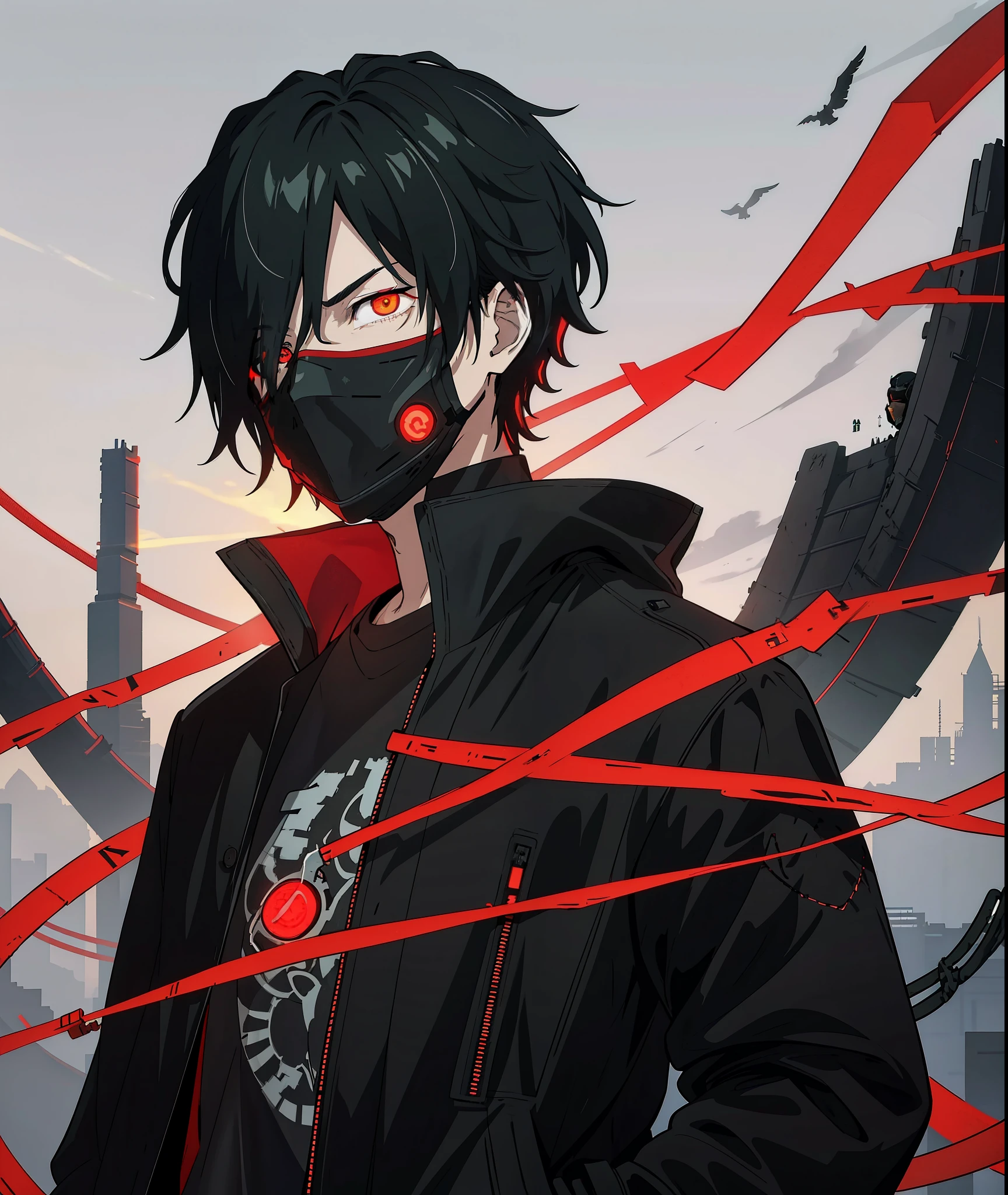 masterpiece, best quality, illustration, science fiction, black red theme, 1boy, solo, male focus, looking down at viewer, hands in pockets, skinny, detailed messy grey hair, glowing green eyes, black techwear coat, black mouth mask, wire, cable, (backlighting), hair_over_one_eye, night, darkness