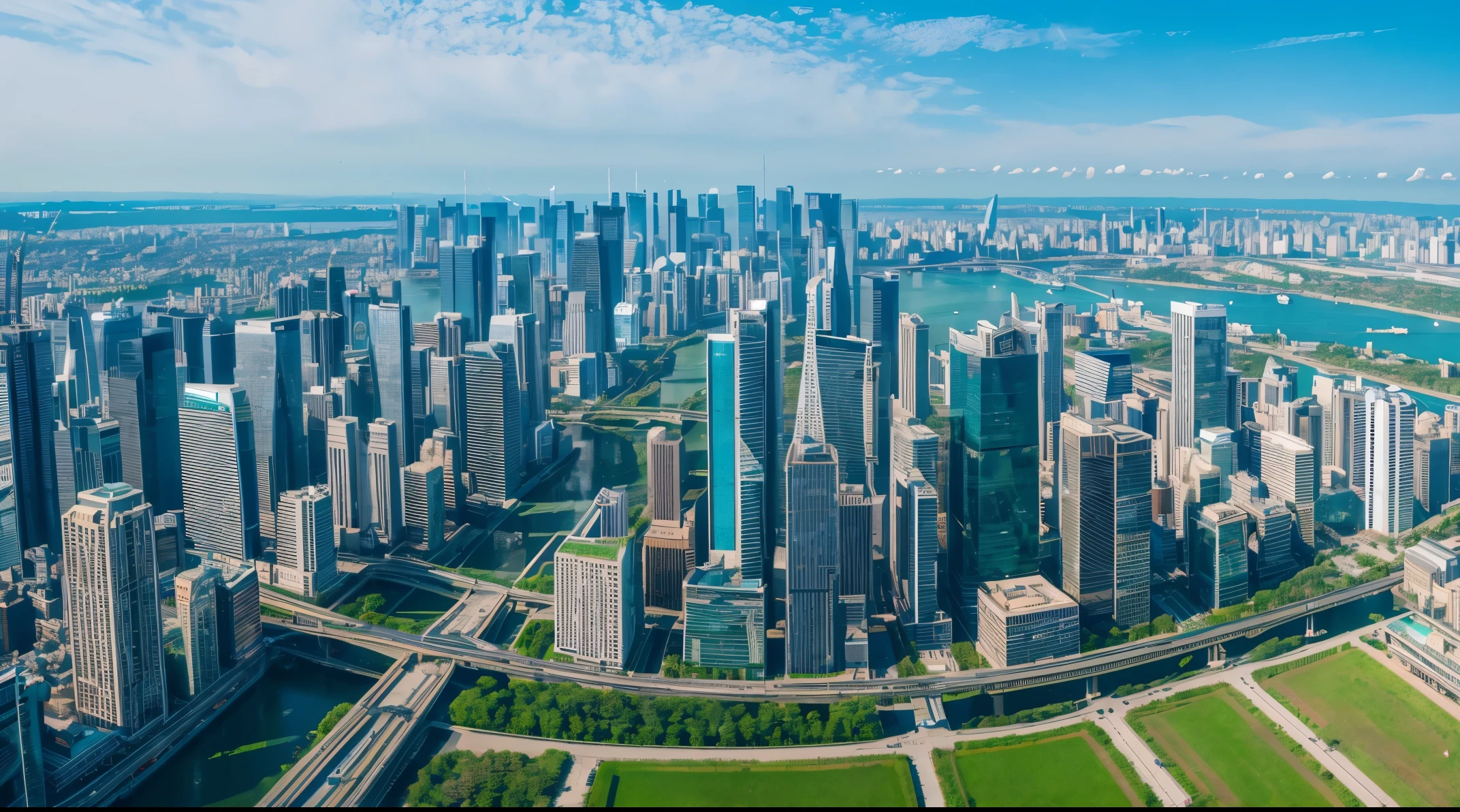 City of the Future、8k、high-level image quality、high-detail、Realistic photo images、Blue glass buildings with laser beams、greened、green nature background、futuristic background、A surreal science city lined with huge skyscrapers、background super resolution、Aspect ratio is 16:9,masutepiece, Anatomically correct, Super Detail, High quality, Best Quality, 8k, 16k,Ample space arrangement