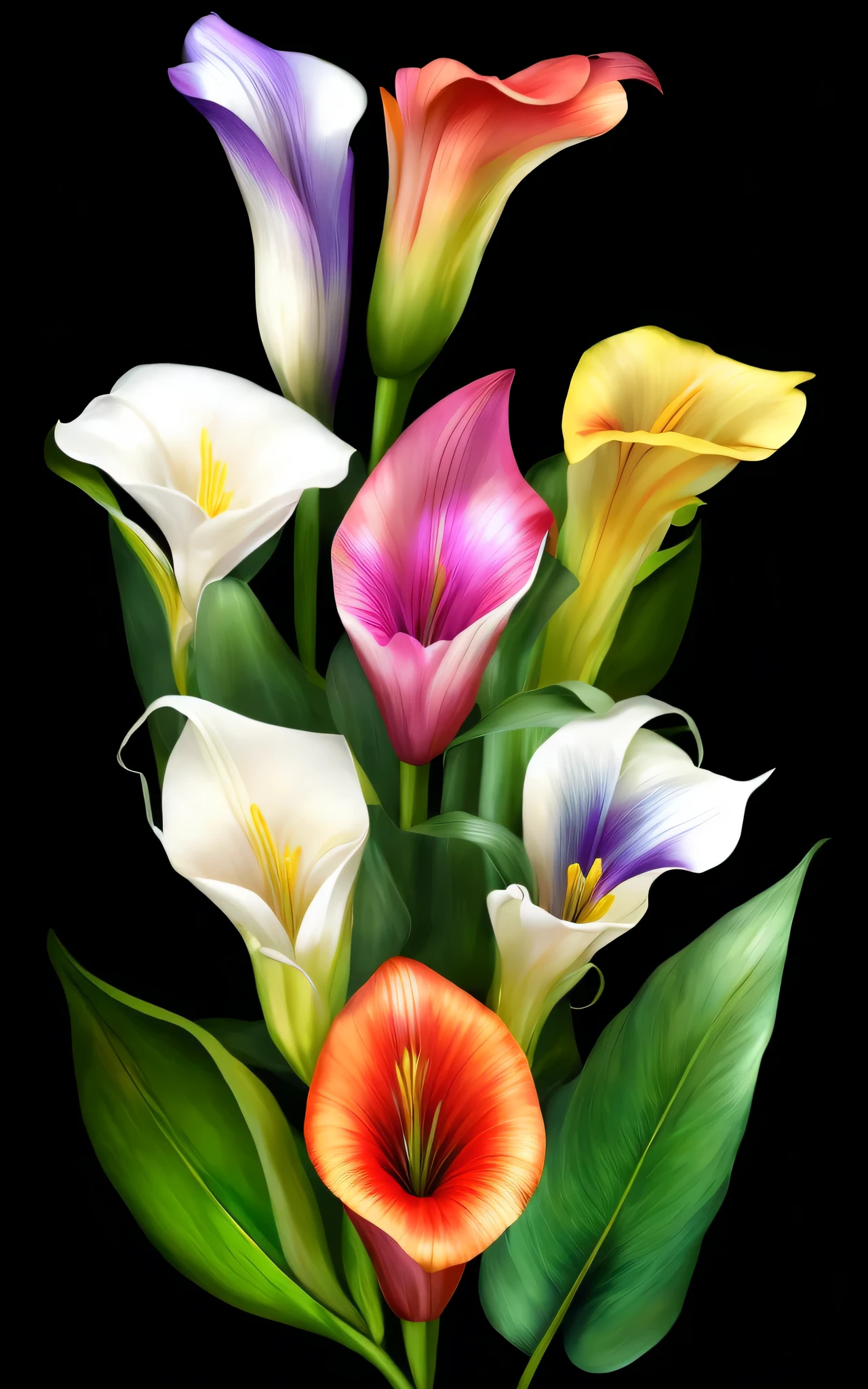there are many different colored Flowers in a vase on a black background, lily Flowers. 8 K, large exotic Flowers, beautiful Flowers, magical colorful Flowers, colored Flowers, colorful Flowers, glossy digital painting, brightly colored Flowers, realistic Flowers oil painting, lily Flowers, lilies, big lilies, lillies, floral Flowers colorful, Digital painting highly detailed, Flowers