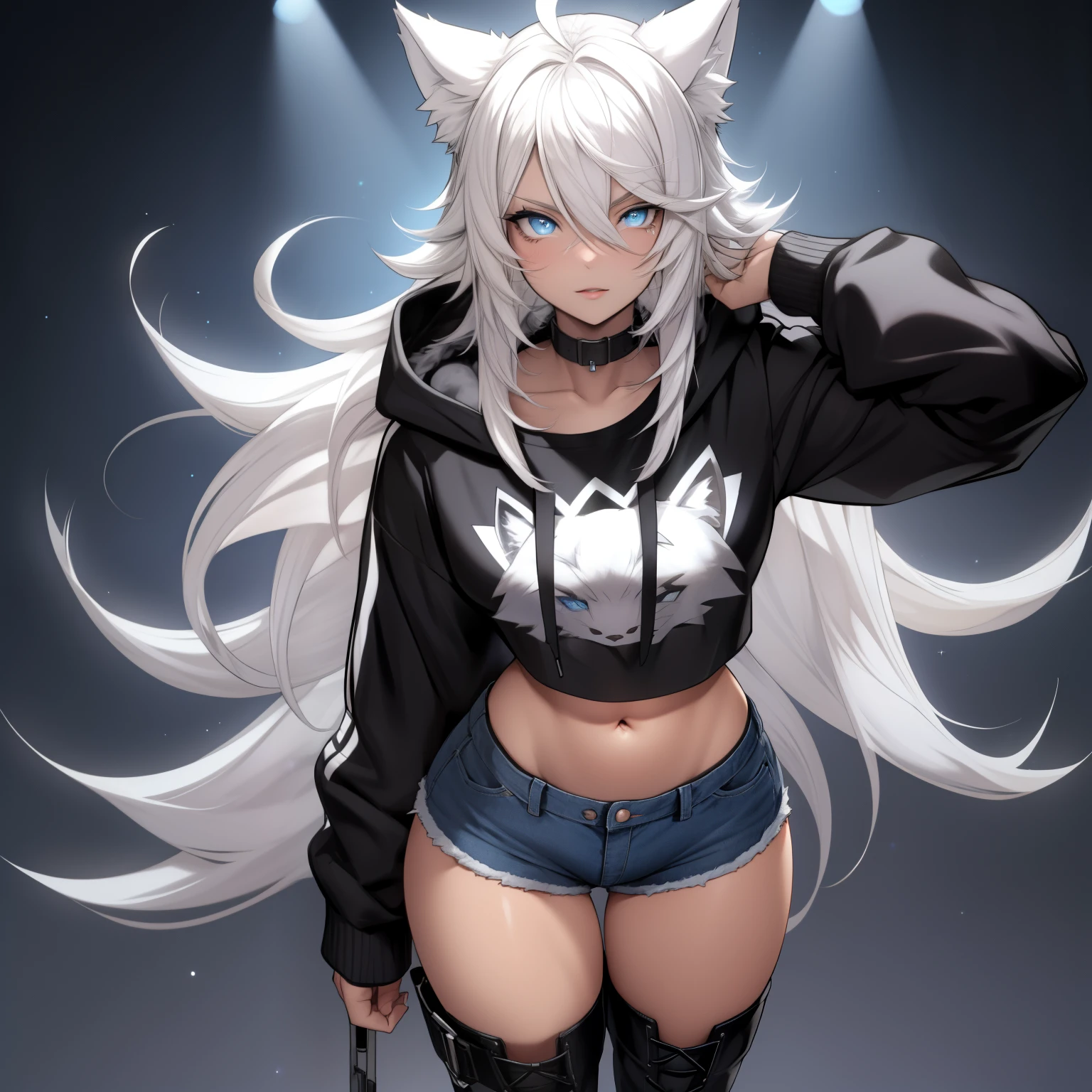 Single boy, Anime Femboy, Short, Long white hair, wolf ears, wolf tail, blue eyes, wearing short denim shorts, thigh high fishnets, black combat boots,wearing cropped fur lined hoodie, flat chest, super flat chest, wearing cropped t-shirt, solo femboy, only one femboy ((FLAT CHEST)) solo, alone, (SOLO)(ALONE) thicc thighs, wide hips, blue eyes, perfect eyes, perfect face, pouty lips, happy, curvy, sparkly blue eyes