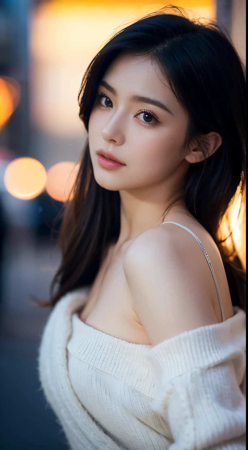 Low-angle perspective, woman, confident pose, soft lighting, expressive facial details, stylish attire, cinematic angle, bokeh background, high resolution.