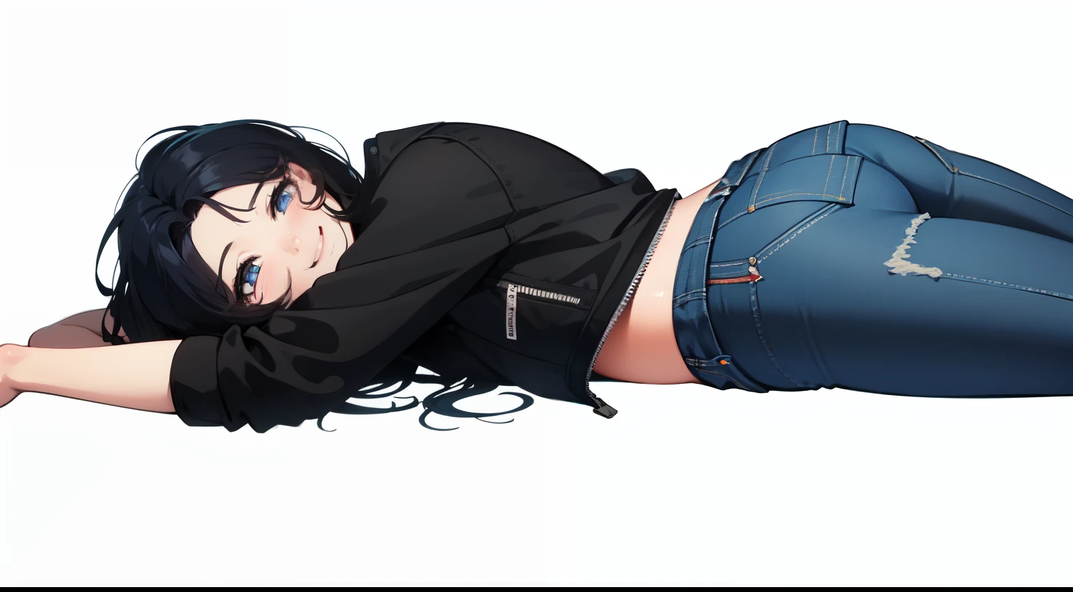 front view, vaporwave, 1 girl, long black hair, cropped jacket, jeans, lying down, smiling, looking at viewer, white background, 8k, high resolution
