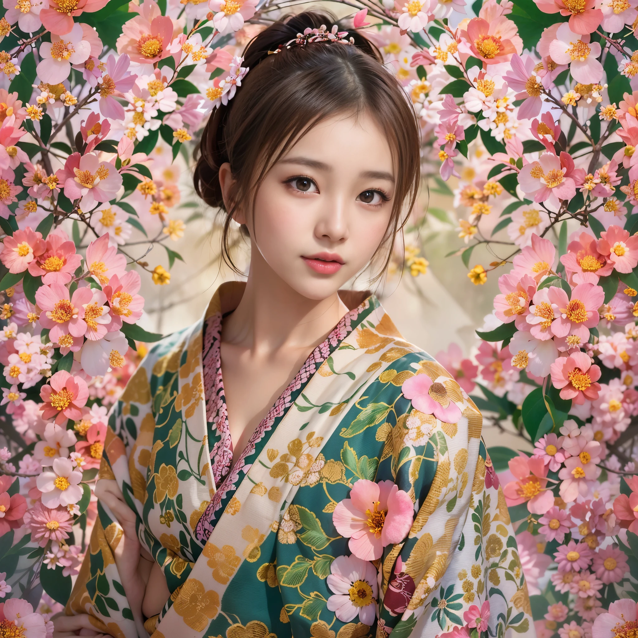 symmetrical, Compositions with coloful geometric arabesque patterns, (cowboy shot), (Bun hair, dark brown hair), (top-quality, Photorealsitic:1.4, masterpiece:1.3, RAW Photography:1.2, cinematric light, very detailed illustration), (1woman:1.3, solo), (Japan kimono with cherry blossom pattern:1.3), (asian girl, ultra delicate face, ultra Beautiful fece, ultra delicate eyes, ultra detailed nose, ultra detailed mouth, ultra detailed facial features), ite woman, (midium breast:1.3), from the front side, skiny, lipgloss, smile:0.8, Make a heart shape with your fingers and pose
