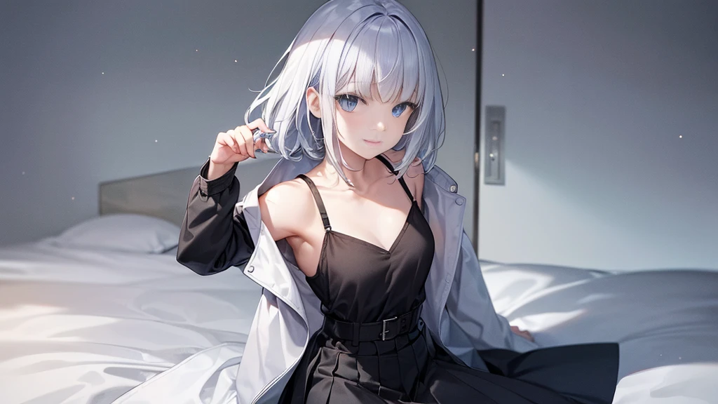 Ultra-high image quality,Look at viewers, hands behind back, girl with, 20 years old, Very short hair, long bangs between eyes, pale blue eyes, parkaを, Skirt , Extremely detailed,(masterpiece、top-quality)、report、White hair、A smile、White skin as clear as snow、Fantastical, Silver hair, Black eyes, Beautiful eyes,, Ecstasy, charmed, be smitten with audience, parkaを, 白いフードparka,a black skirt,Hair is short,look down from above,(masutepiece, Best Quality:1.1),report, 1girll, Curve,White jacket, Casual style,Open jacket, Cowboy Shot、report、Fluttering hair、a small face、hason、Bright smile、(parka、white sneaker fingers、Human hand)、(Detailed face) 、(top-quality: 1.4、tmasterpiece、 hyper HD、 Top resolution,、Very detailed、 profetional lighting、 Gray Light Lighting,fantastic landscape, Sunlight,5 fingers、inside in room、sleeps in a bed、collarbone visible