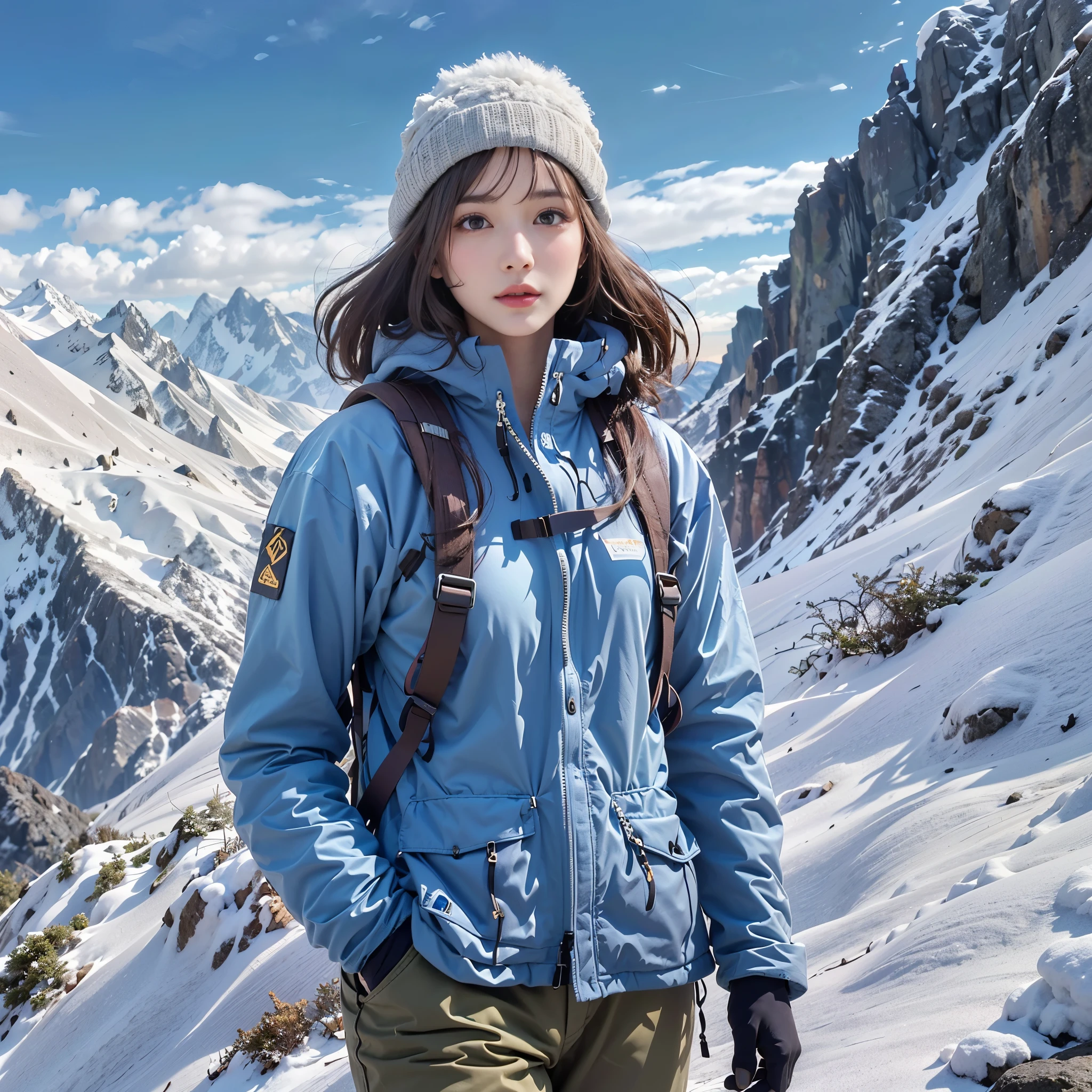 (Background, Magnificent mountain views, blue open sky, white clouds, snow, winter):1.3, (medium hair, dark brown hair), (top-quality, Photorealistic:1.4, masterpiece:1.3, RAW Photography:1.2, cinematic light, very detailed illustration), (1woman:1.3, solo), (Mountain-jacket, T-shirt, trekking-pants, knit hat), (Carrying a backpack), (Walking along a mountain trail), (ultra delicate face, ultra Beautiful fece, ultra delicate eyes, ultra detailed nose, ultra detailed mouth, ultra detailed facial features), petite woman, (medium breast:1.3), from the front side, glossy lips, white breath