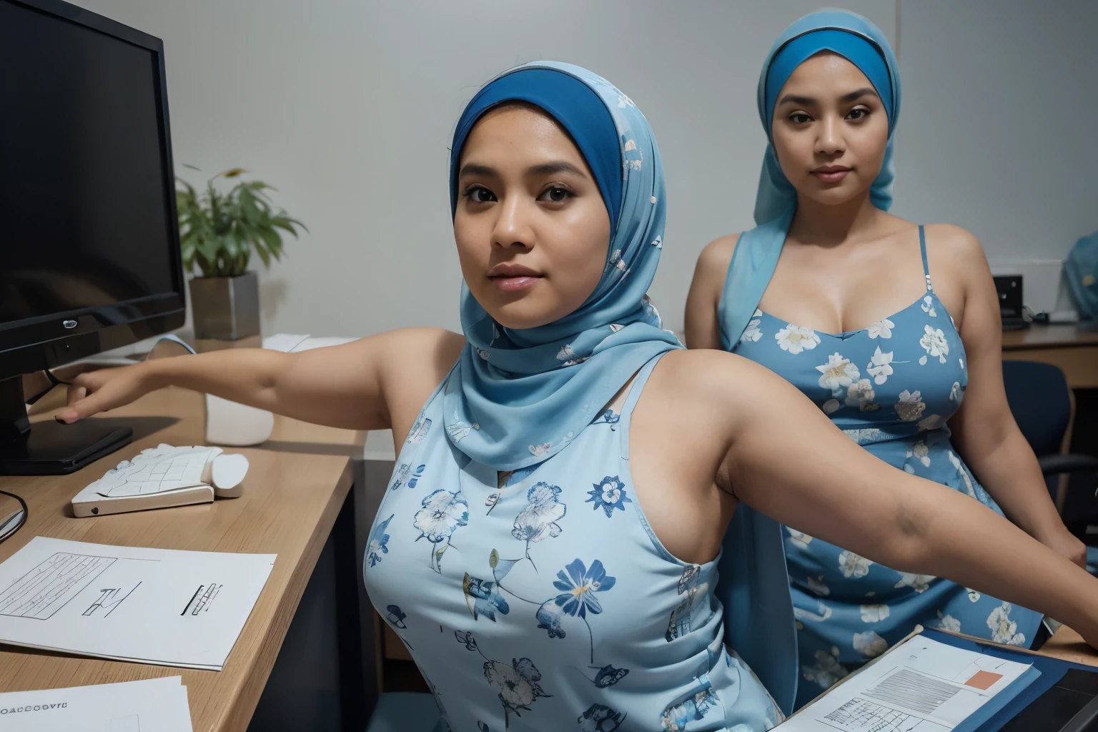 3 beautiful malay chubby mature woman in blue color hijab taking picture in modern office, ((showing armpits pose)), all wearing hijab, wear pastel blue and white floral pattern sleeveless baju kurung, at the desk with computer office, detailed skin texture, soft lighting, pastel color theme, 8mm, Close-up shot, cool-toned color grading, depth of field, film noir, high quality, ultra detail, 8k resolution,